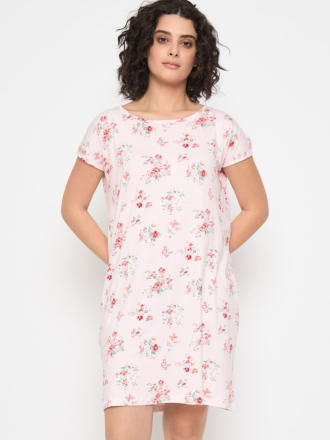 Camey Women Floral Printed Round Neck Long Sleeves Above Knee Nightdress