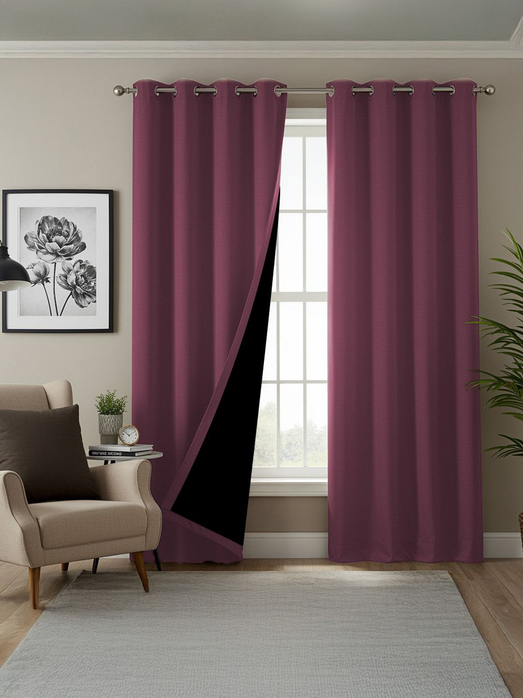 URBAN SPACE Mauve Set of 2 100% Black Out Window Curtain