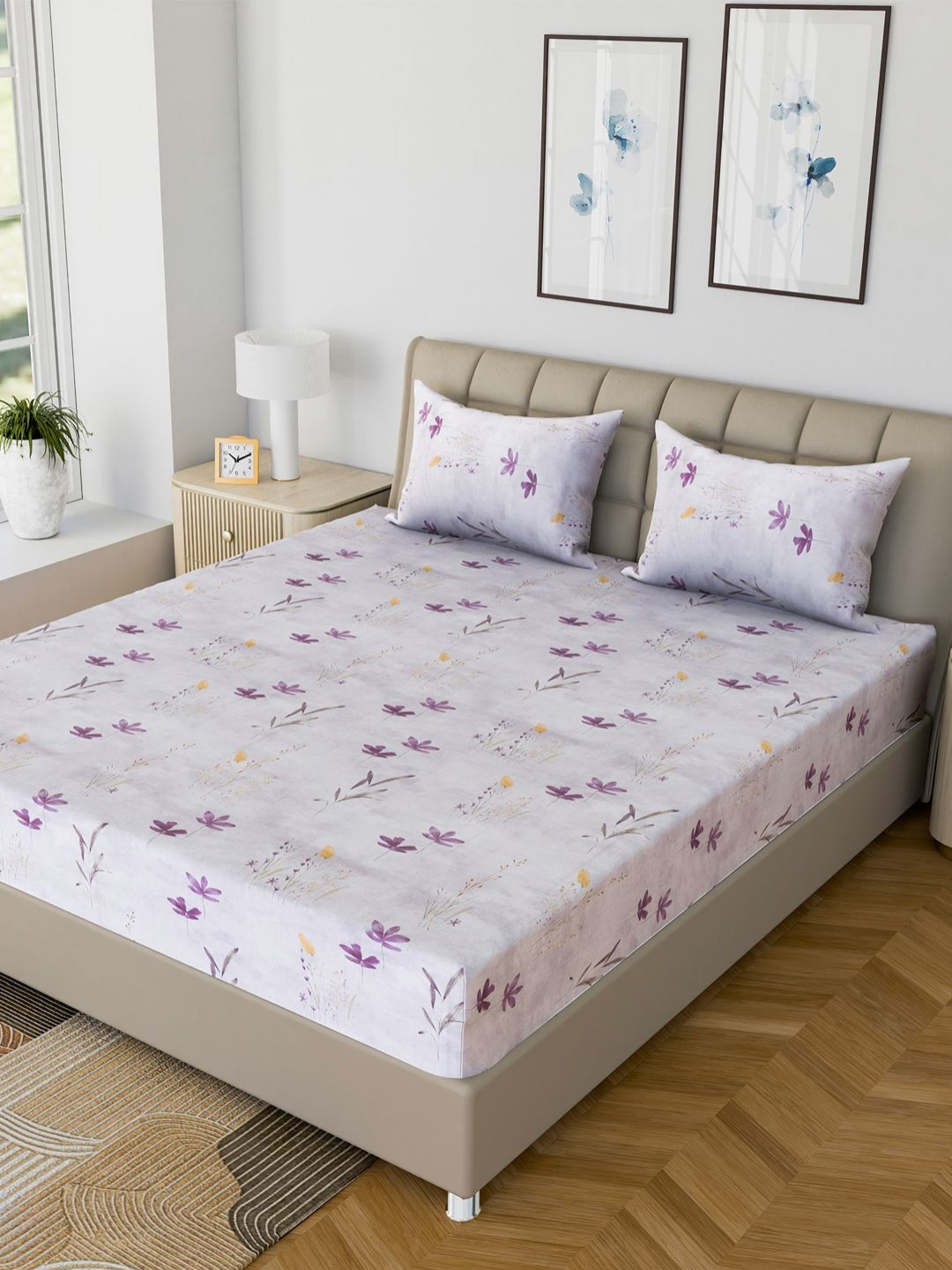 LINENWALAS Happy Sleeping Lavender Floral Cotton 210 TC Fitted Queen Fine Bedsheet with 2 Pillow Covers-198.12 x 198.12 cm