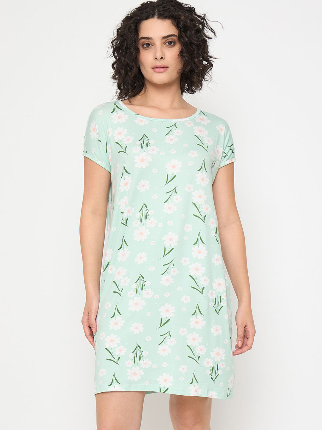 Camey Women Floral Printed Round Neck Long Sleeves Above Knee Nightdress