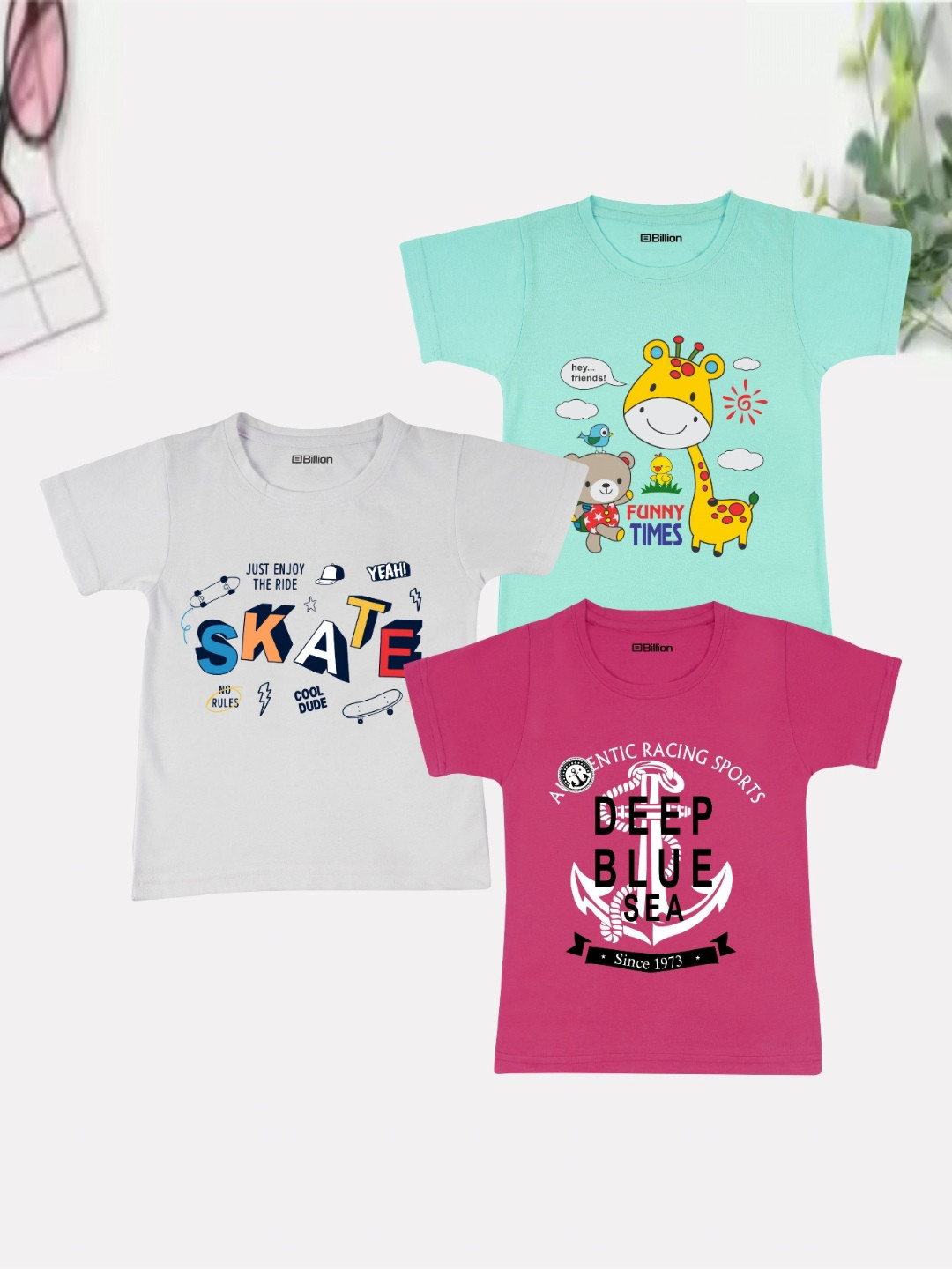 Billion Boys Pack of 3 Bio Finish Graphic Printed Round Neck Cotton T-shirts