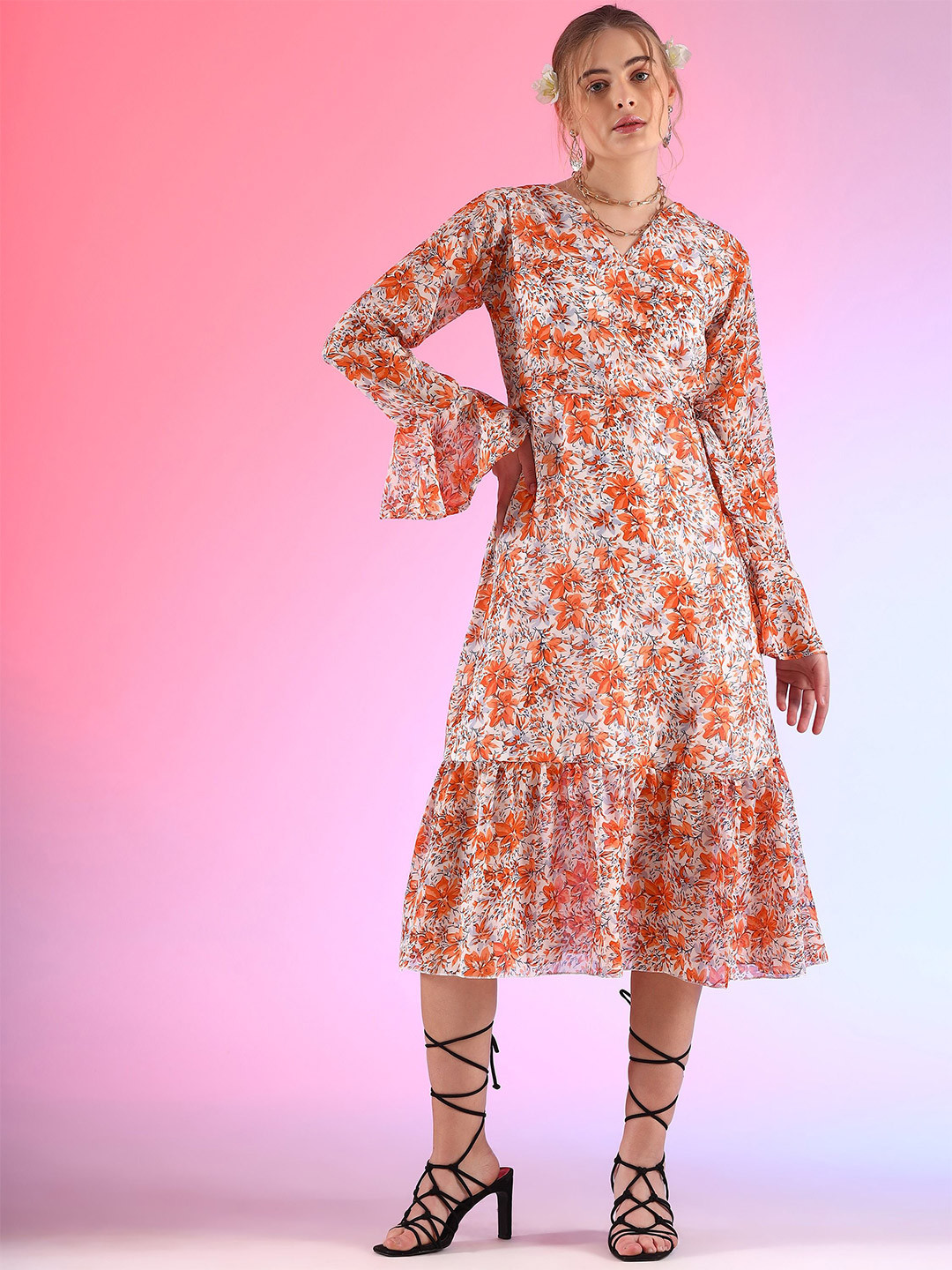 De La Moda Floral Print Bell Sleeve Midi Dress