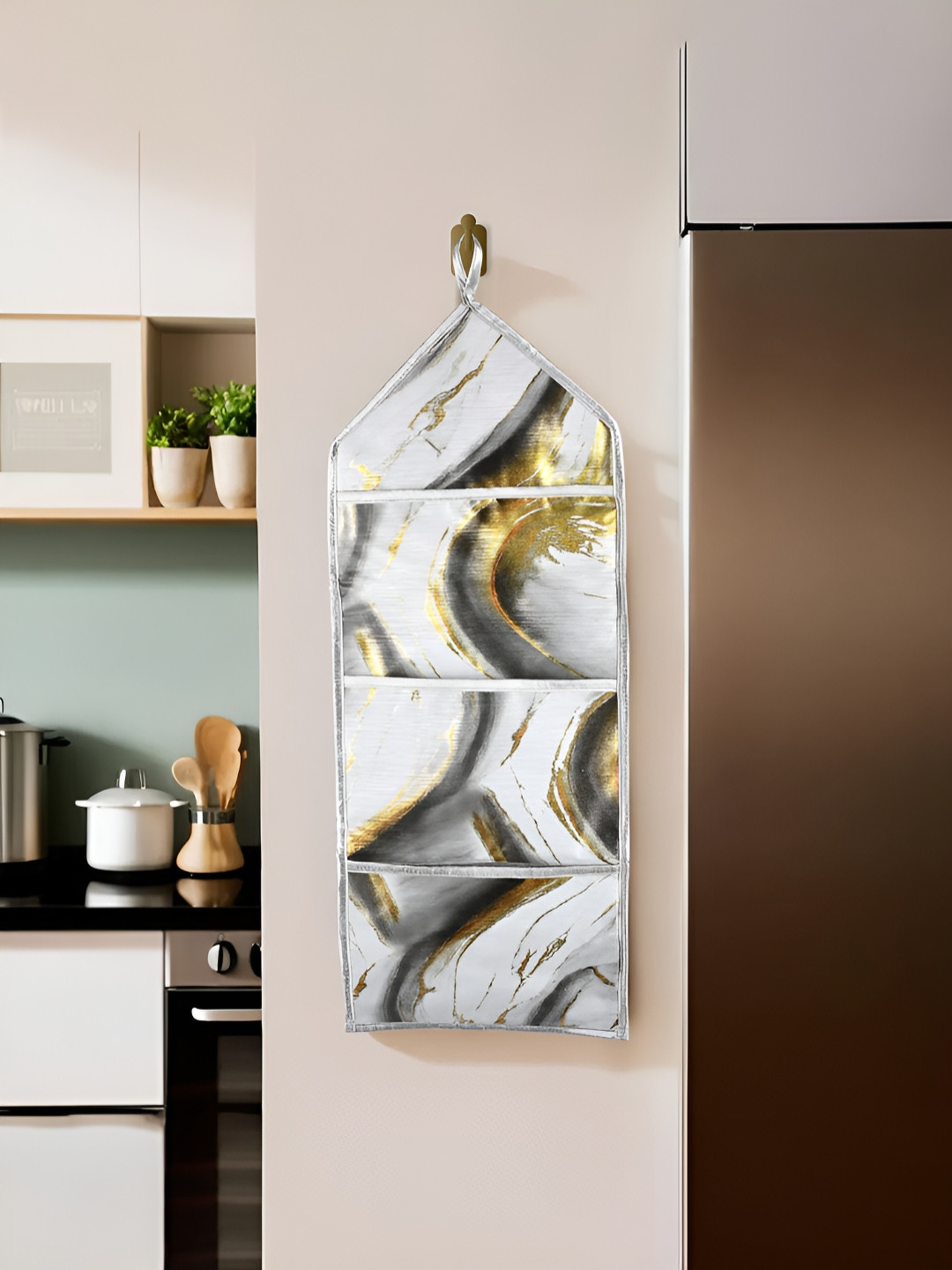Aura Grey & Gold Toned Marble Printed 3 Pocket Wall Hanging Organizer