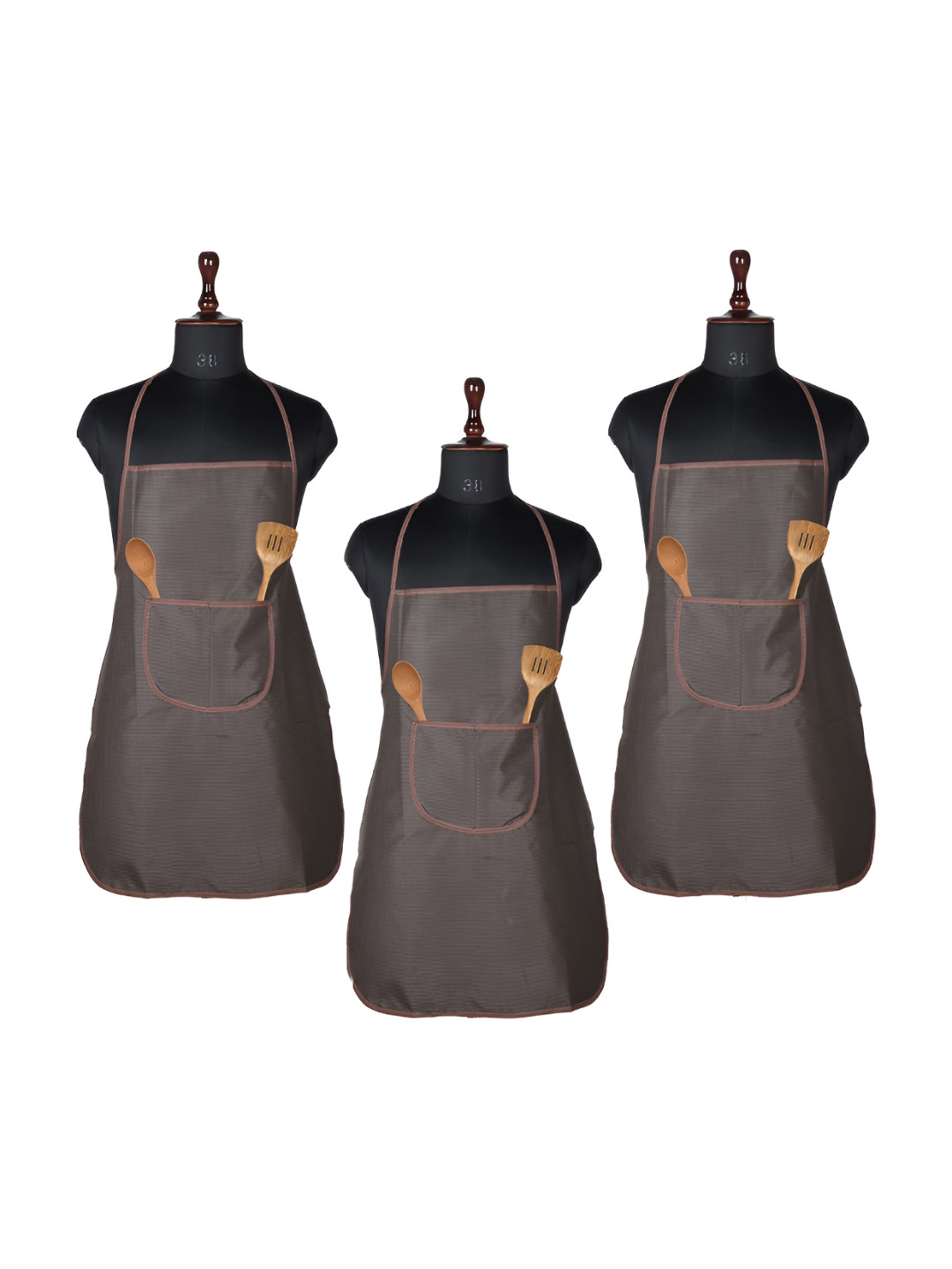 Aura Brown 3 Pieces Checked Aprons With Center Pocket