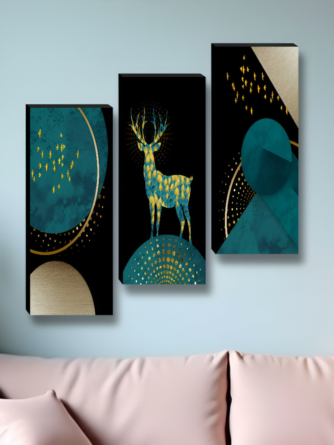 SAF Black & Blue 3 Pieces Birds and Animals Synthetic Wood Wall Paintings