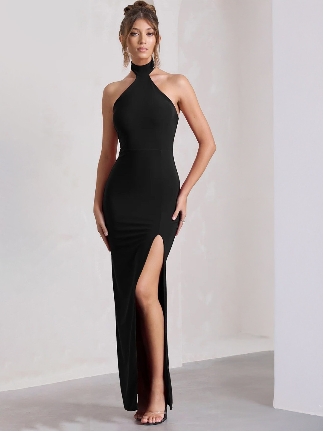 Traquila Women Halter Neck Side Slits Bodycon Maxi Dress