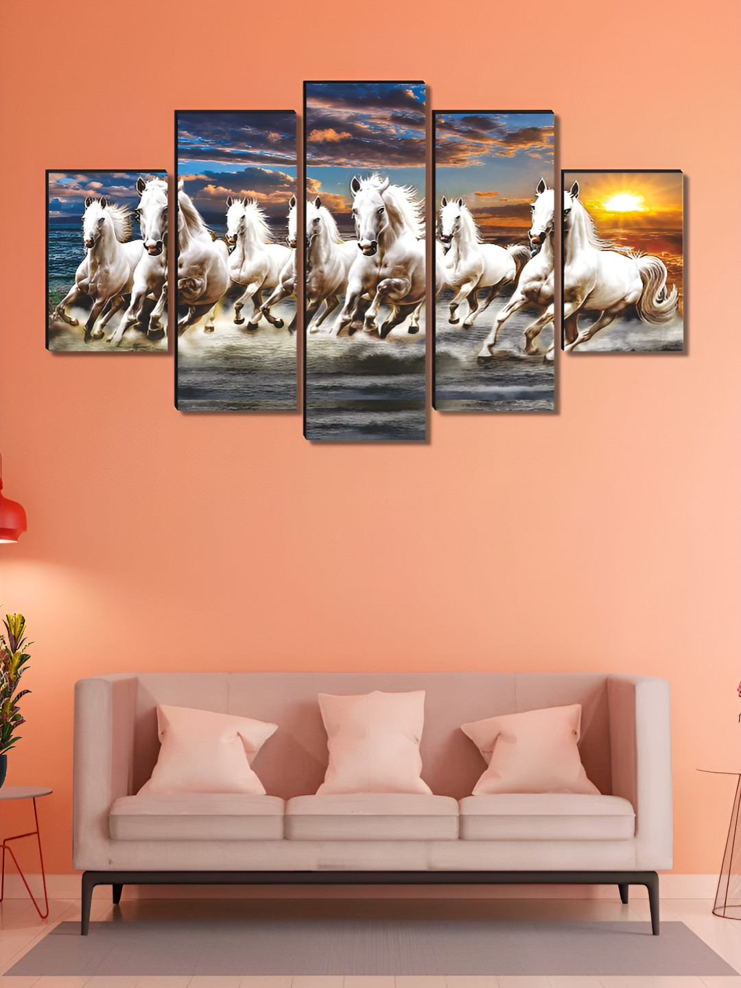 Myntra Elegant Homes White & Brown 5 Pieces Wooden Seven Running Horse Painting Wall Arts