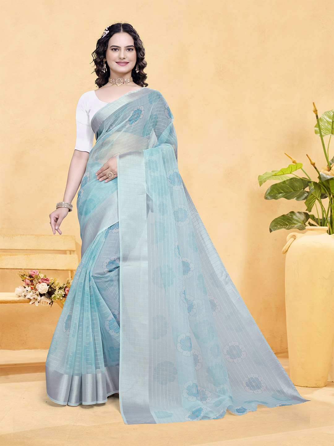 Sidhidata Floral Check Woven Design Zari Organza Saree With Unstitched Blouse Piece
