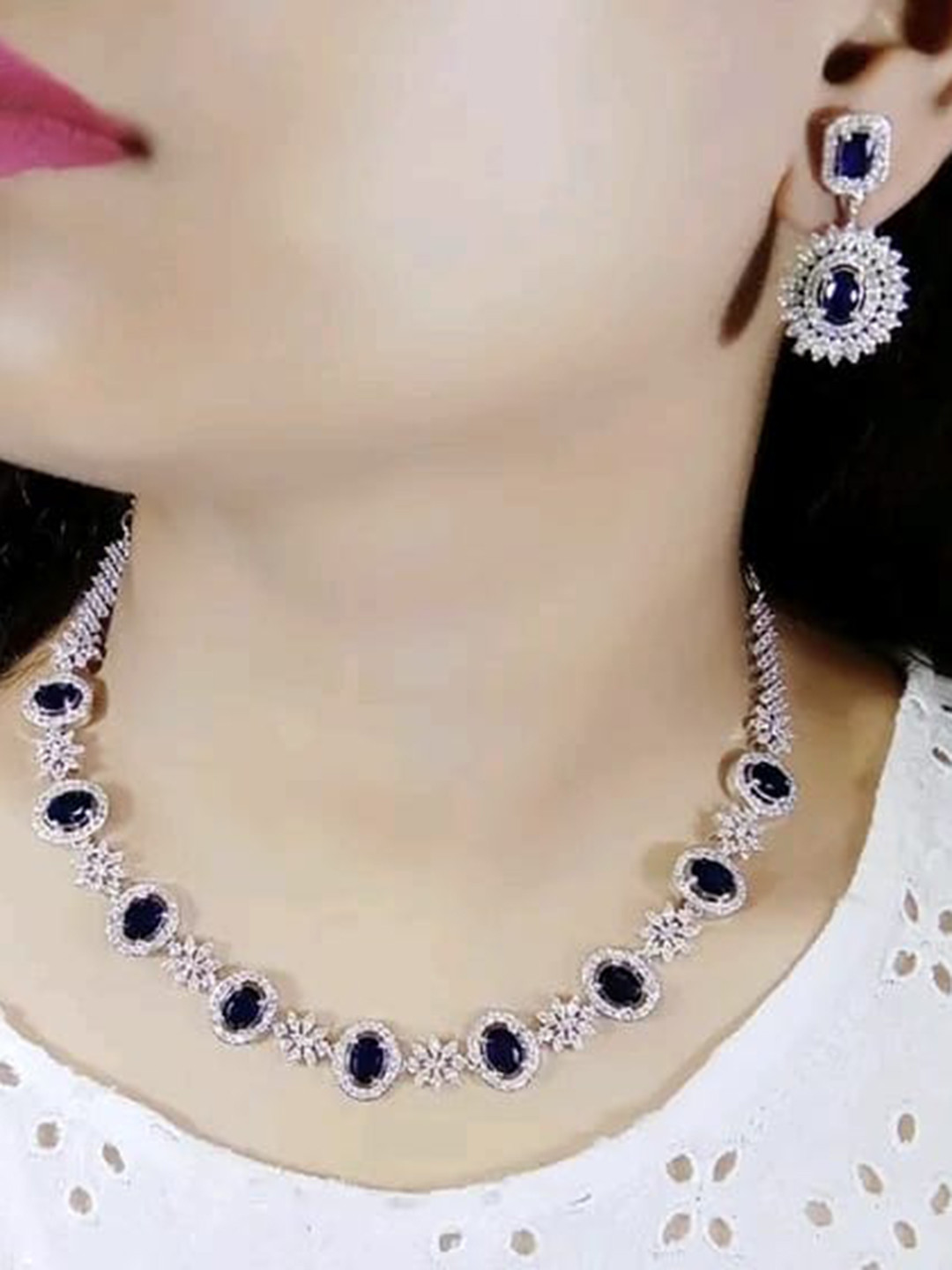 FANCY KF Silver-Plated Ovel American Diamond-Studded Jewellery Set