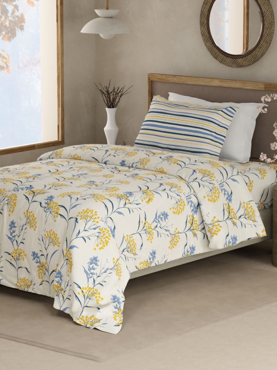 Boutique Living India Valatia White Printed Cotton 200TC Single Bedsheet Set 2.24m x 1.52m