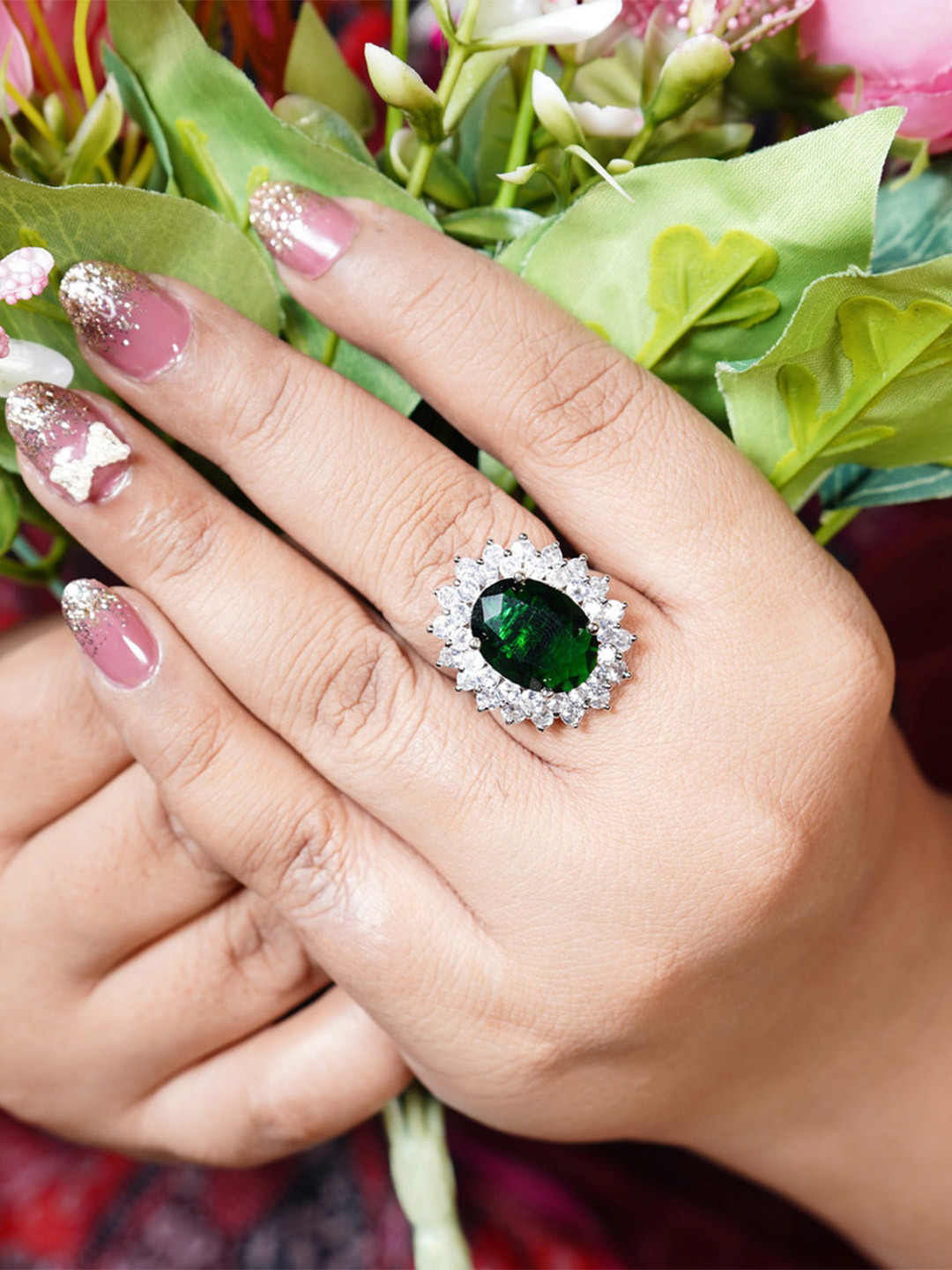 Chaandi Rivaaz Elle Rhodium-Plated Cubic Zirconia Studded Finger Ring