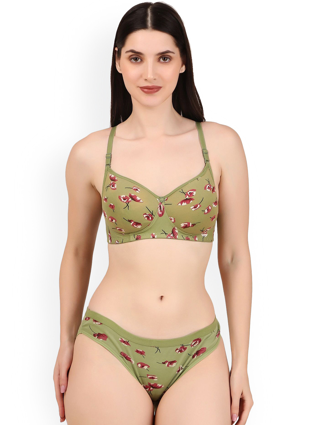 XPIOX Printed Lightly Padded Lingerie Set LSP_Lily_Grn
