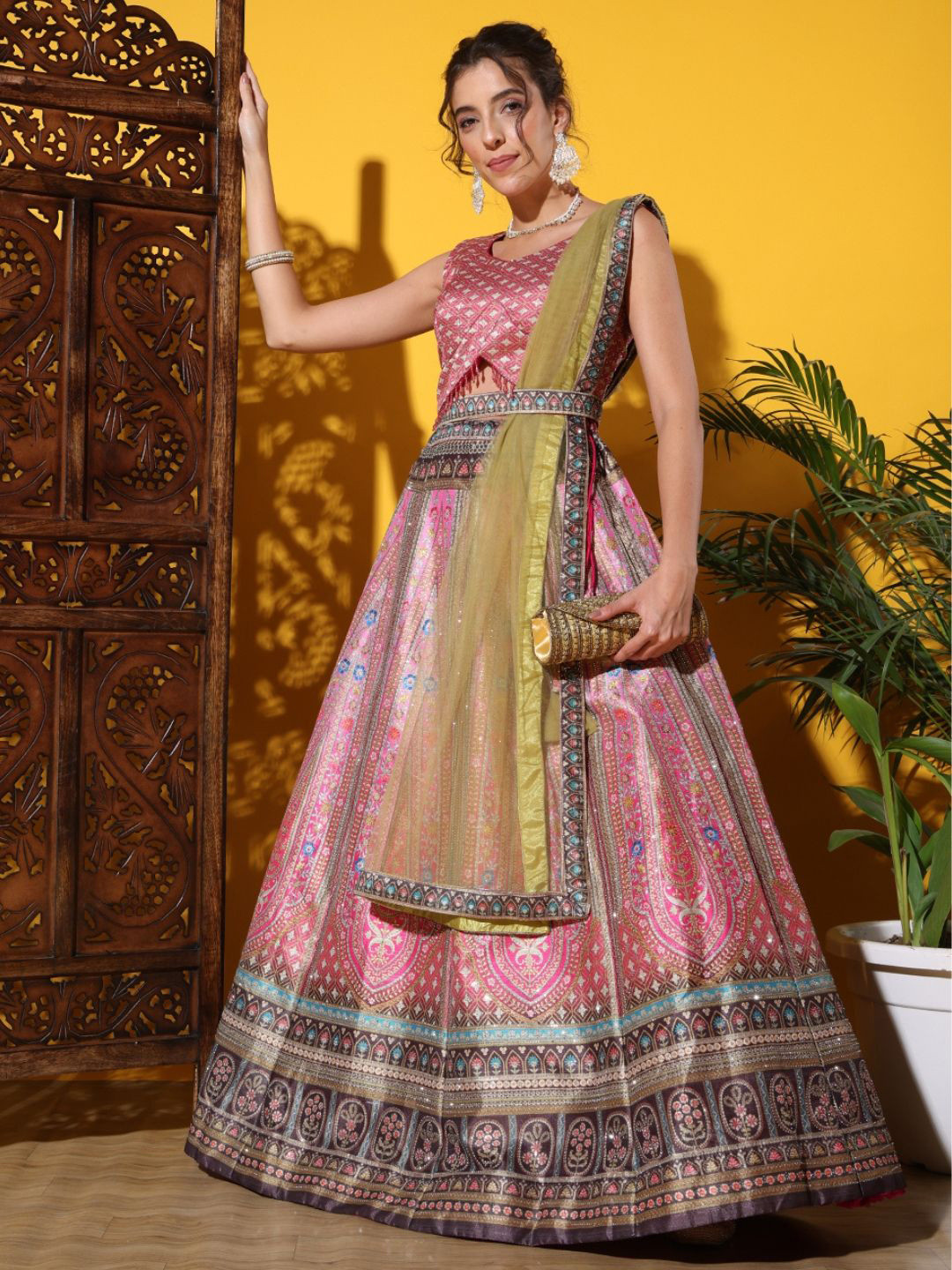 Chhabra 555 Floral Digital Printed V-Neck Lehenga Choli With Dupatta & Matching Belt