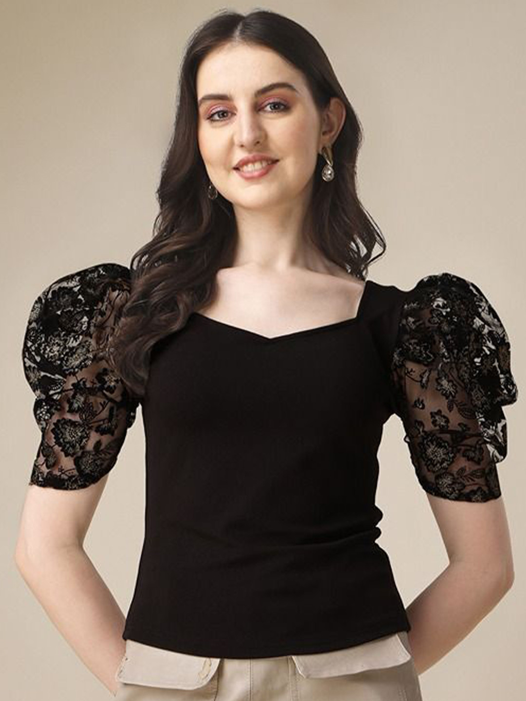 De La Moda Women Self Design Embroidered Sweetheart Neck Puff Sleeve Regular Top