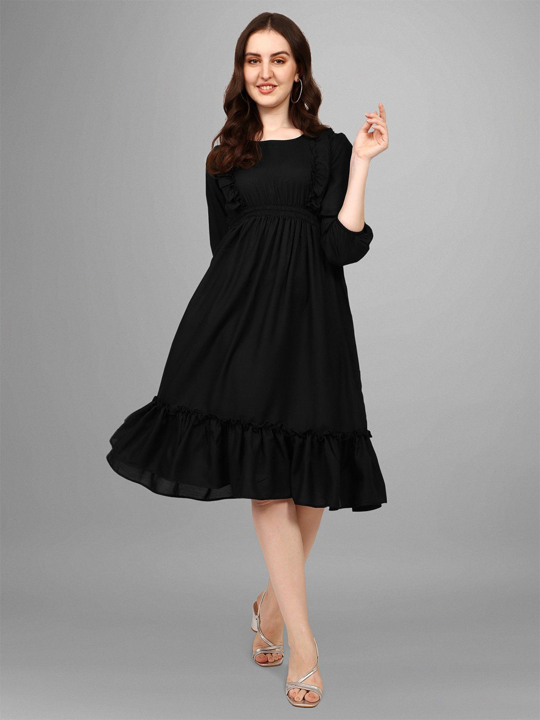 Femvy Women Fit & Flare Round Neck Flounce Knee Length Dress