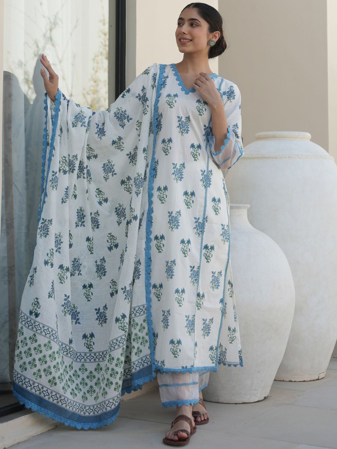 OneWe Magnolia Floral Printed V-Neck Pure Cotton Kurta With Trousers & Dupatta