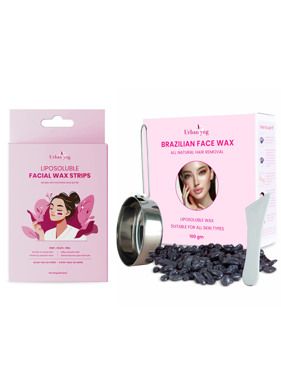 URBANYOG Set of Liposoluble Facial Wax Strips - 20 Strips & Brazilian Face Wax Beans 100g