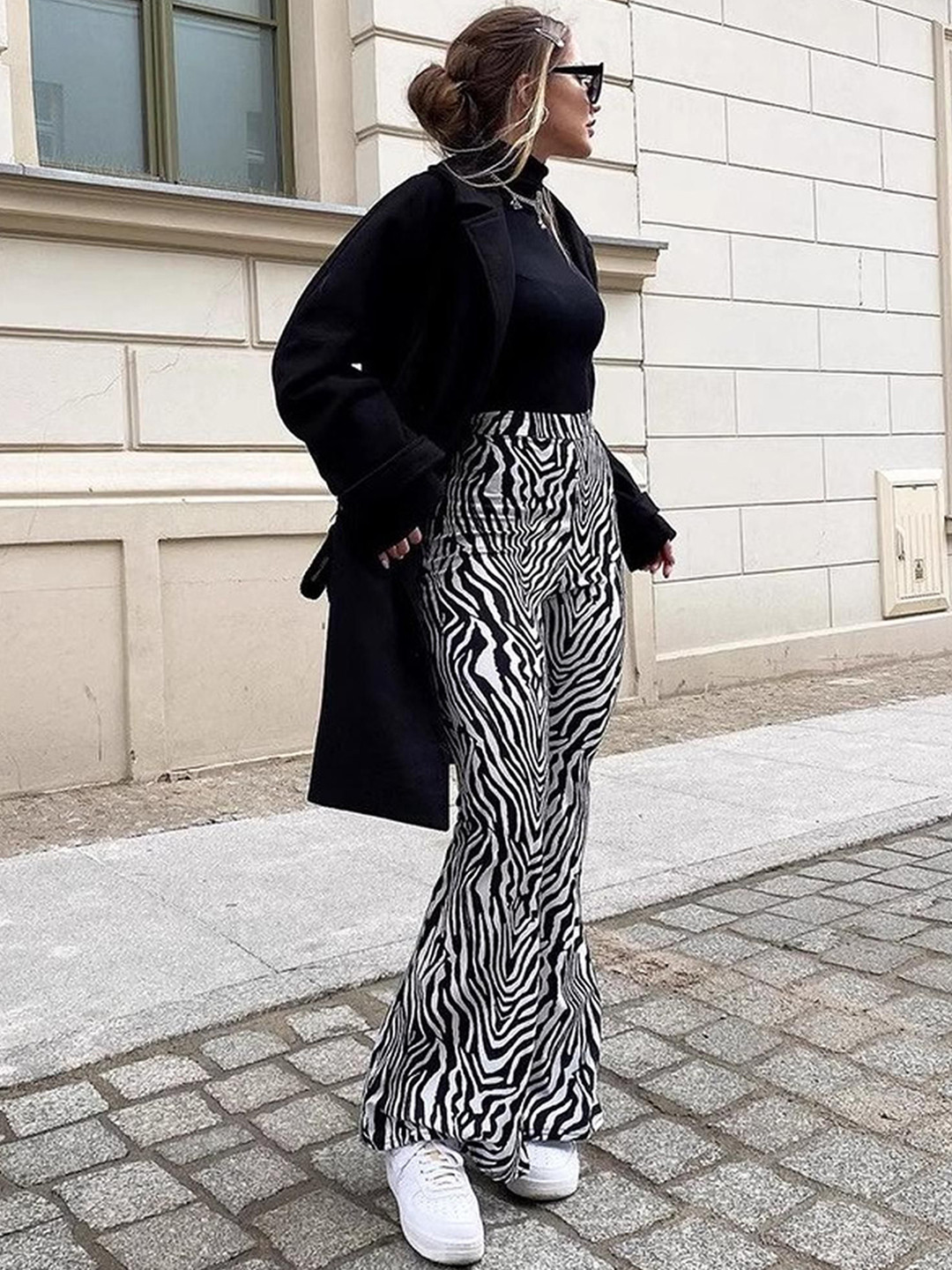 Outzidr Women Zebra Print Flared Trousers