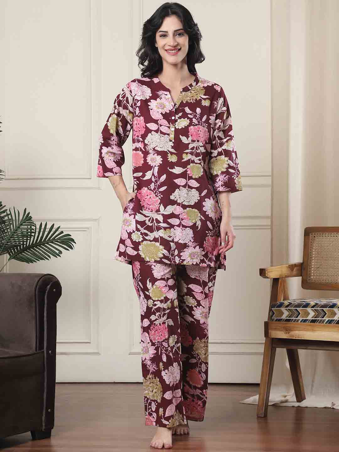 Indreams Women Floral Printed Pure Cotton Night suit
