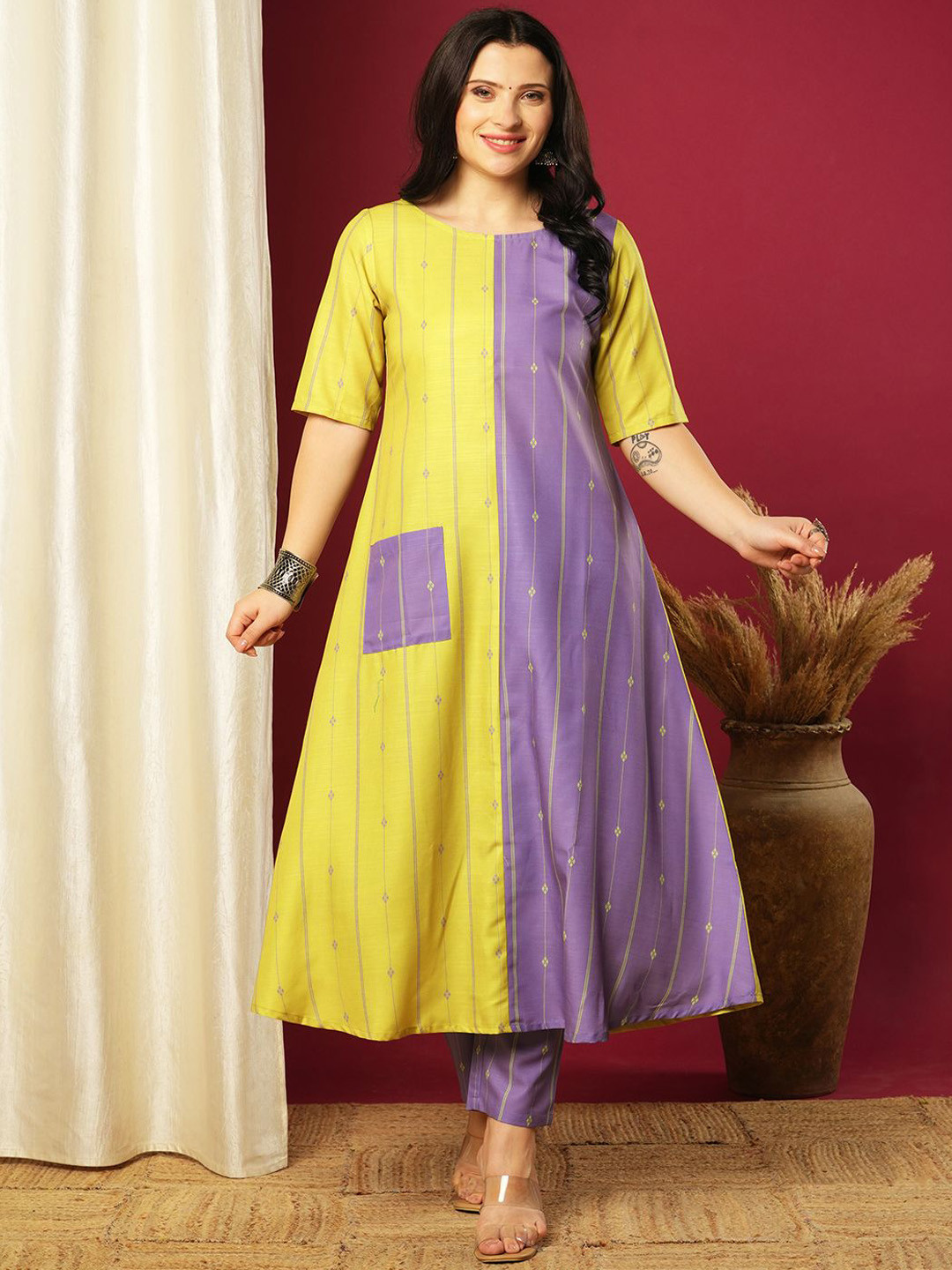 Anni Designer Manohar Geometric Printed Round Neck A-Line Kurta With Trousers