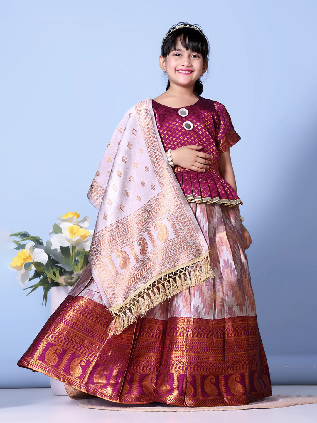 BAESD Girls Woven Design Mirror Work Ready to Wear Lehenga & Blouse With Dupatta