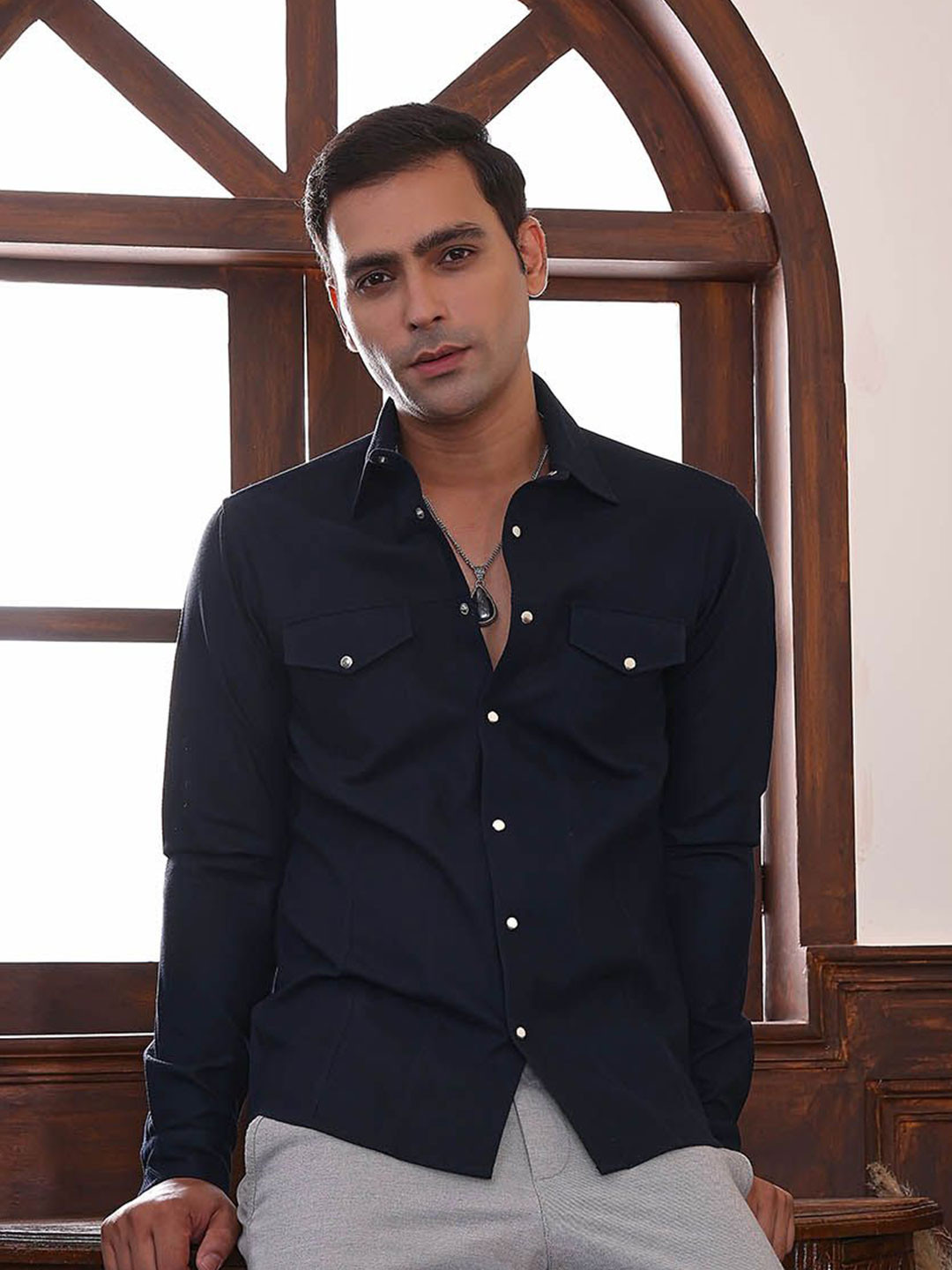 ABKASA Men Classic Slim Fit Spread Collar Textured Cotton Casual Shirt