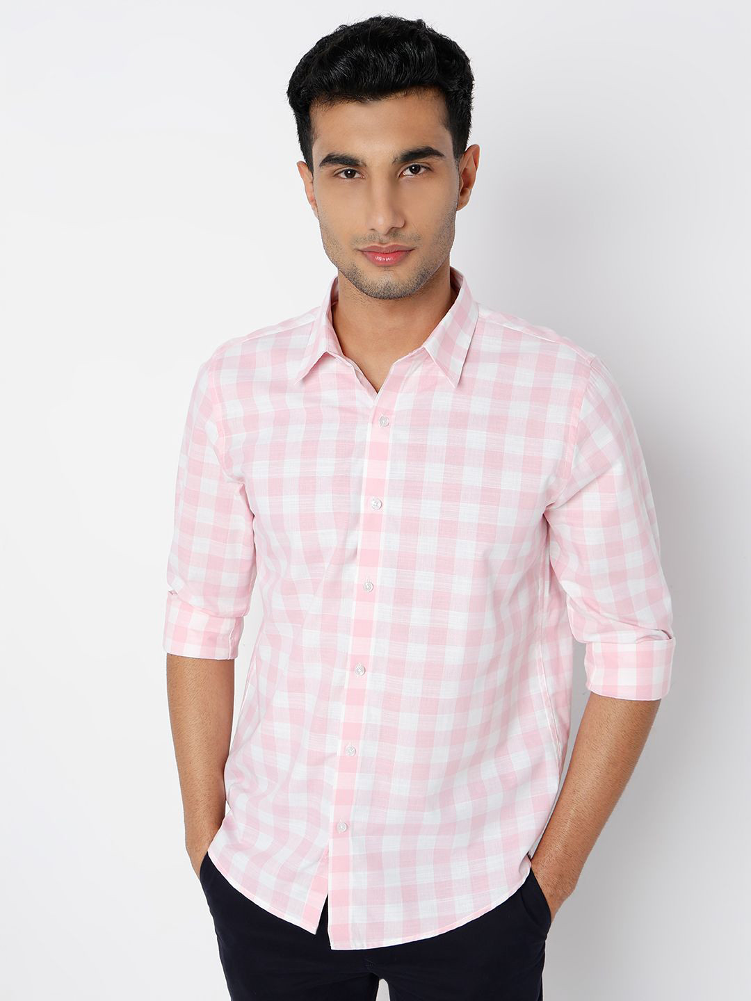 MARK & ALBERT Men India Slim Fit Grid Tattersall Checked Cotton Linen Casual Shirt