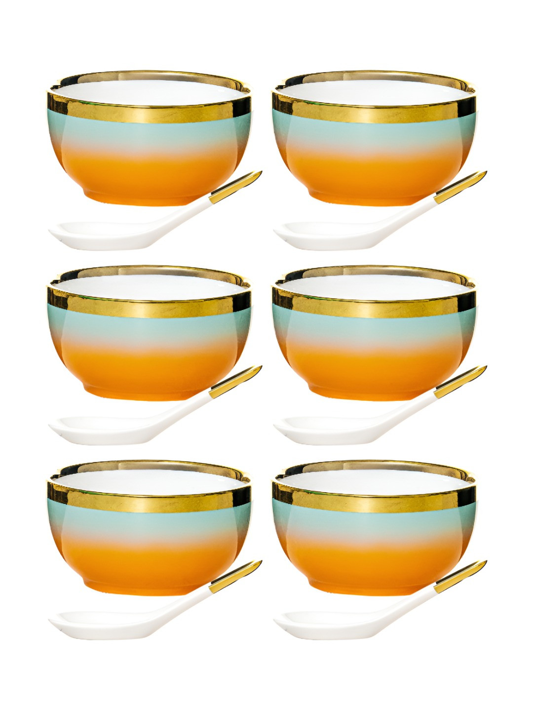 Roxx White 12 Pieces Printed Porcelain Dishwasher Safe Glossy Serving Bowl And Spoon