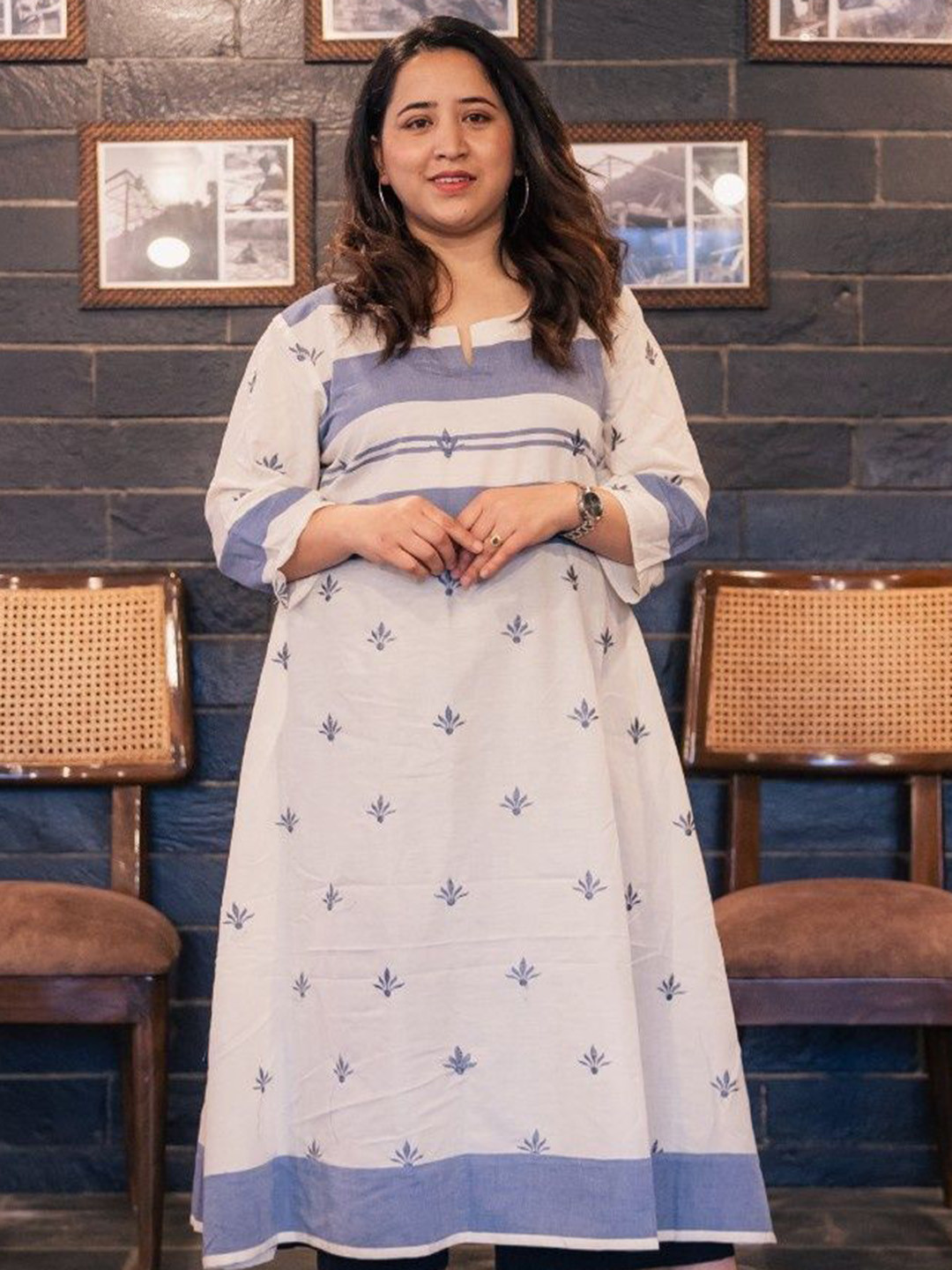 inkara Floral Printed Keyhole Neck Khadi Cotton Straight Ethnic Dress