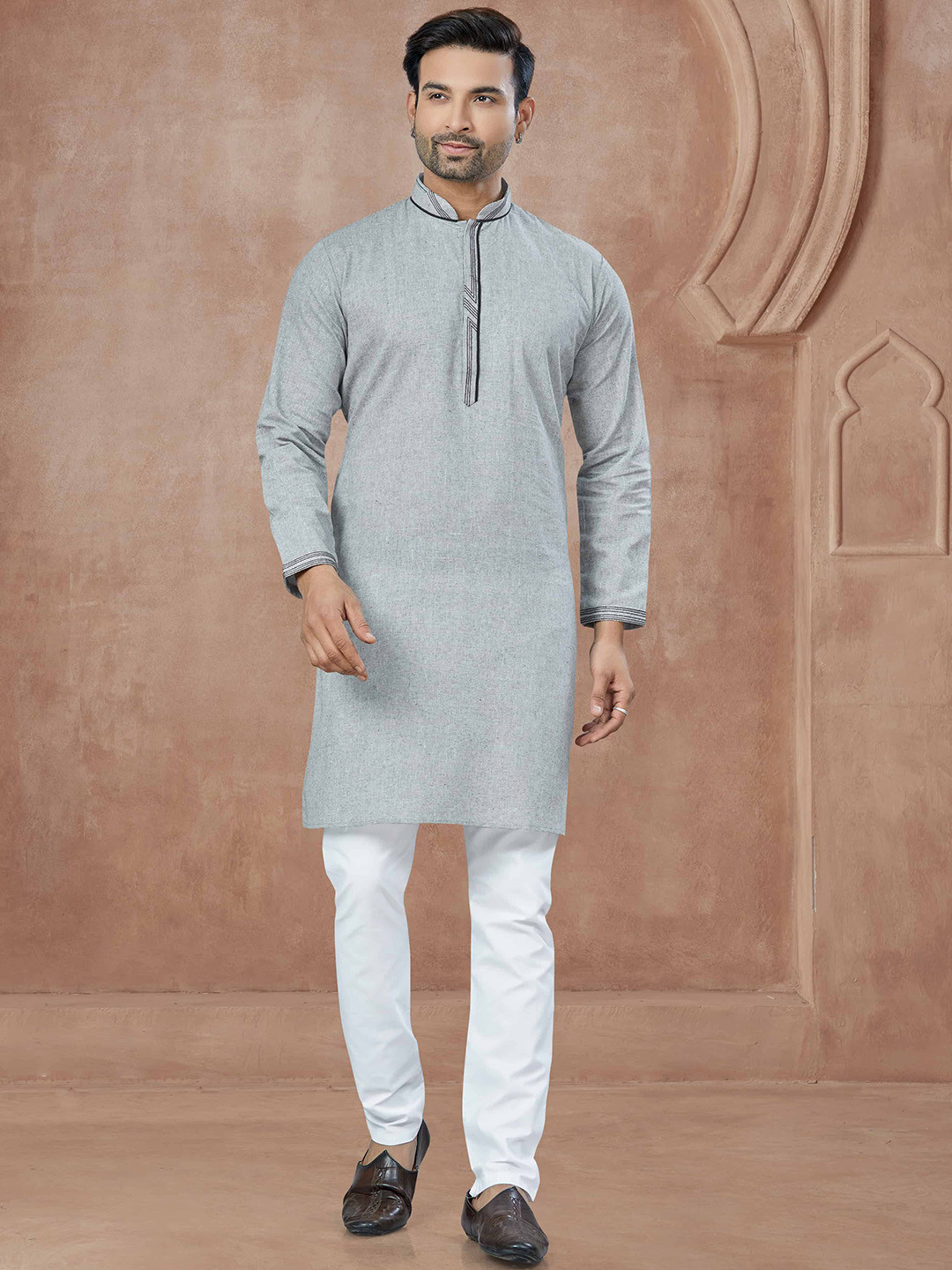 OUTLUK Geometric Yoke Design Mandarin Collar Thread Work Pure Cotton Kurta With Churidar