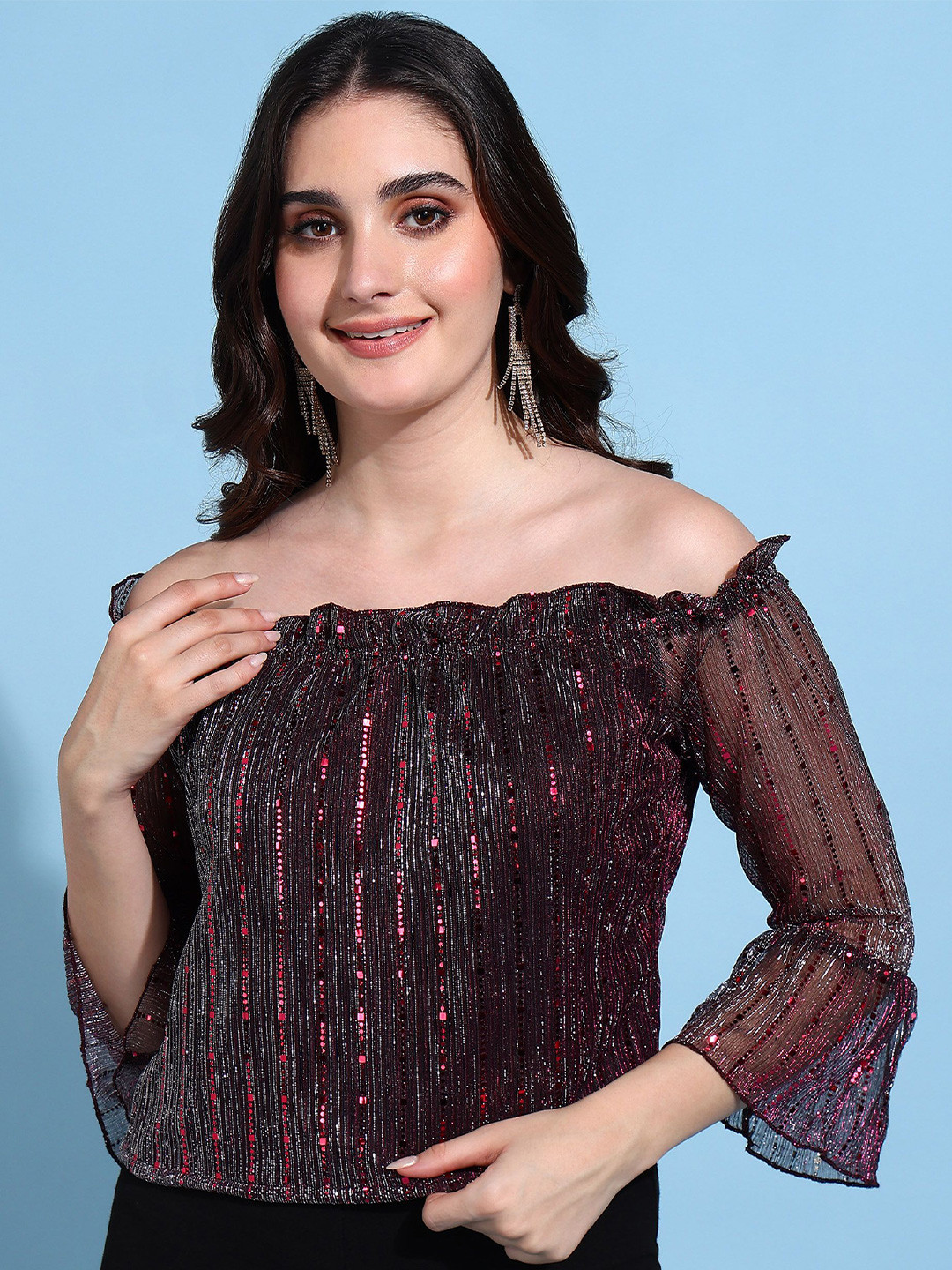 MISS HAUTE Women Embellished Off-Shoulder Bell Sleeve Top