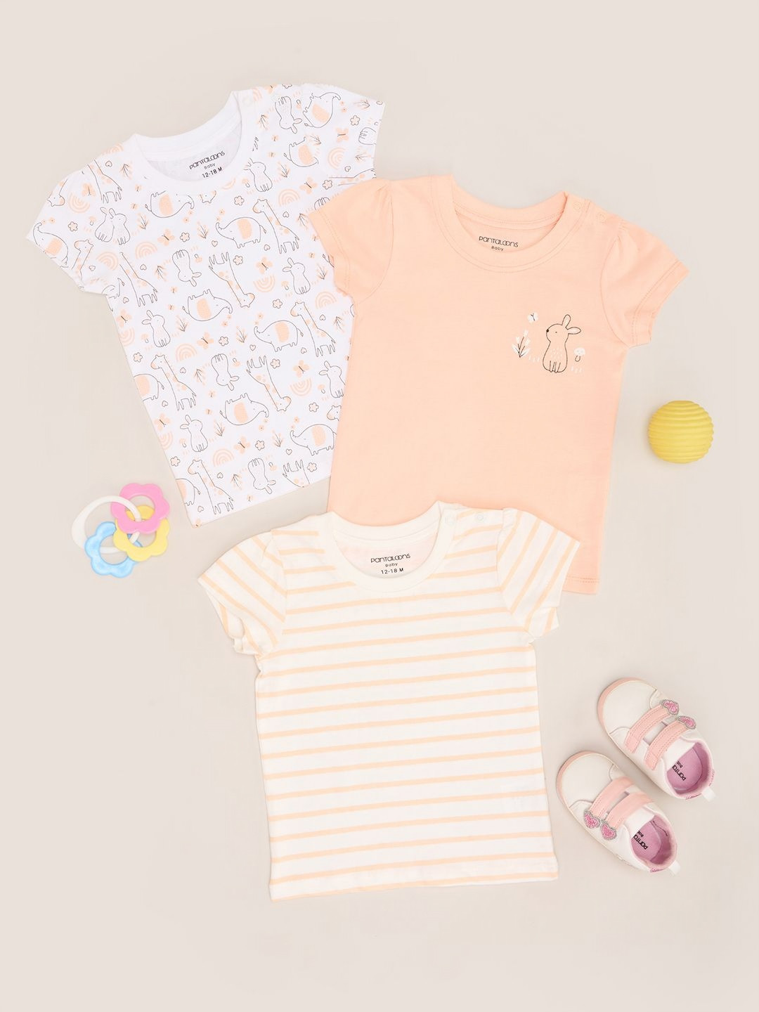Pantaloons Baby Girls Pack of 3 Striped Round Neck Cotton T-shirts