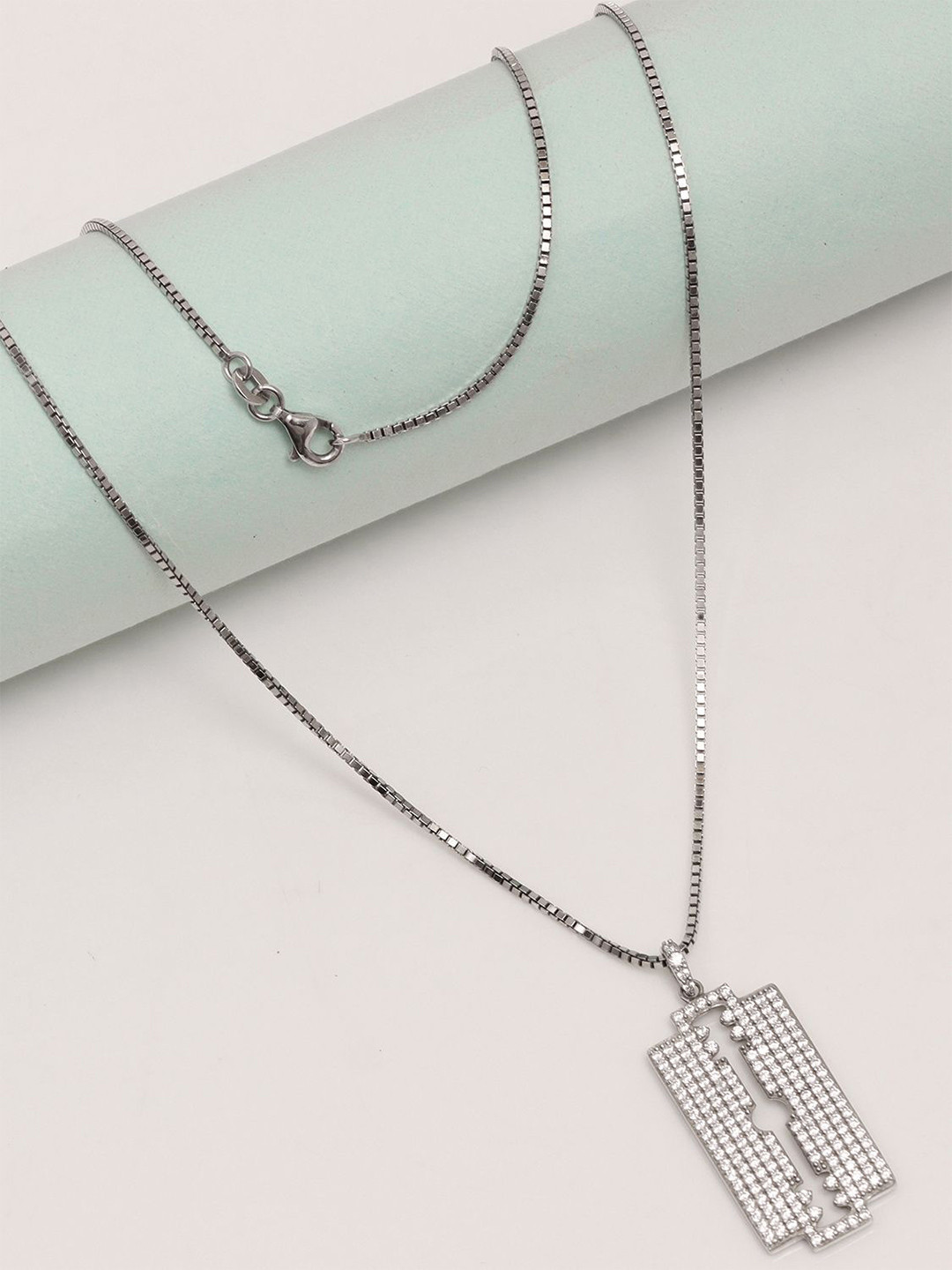 LeCalla Men 925 Sterling Silver Rhodium-Plated Cubic Zirconia Razor Blade Pendant & Chain