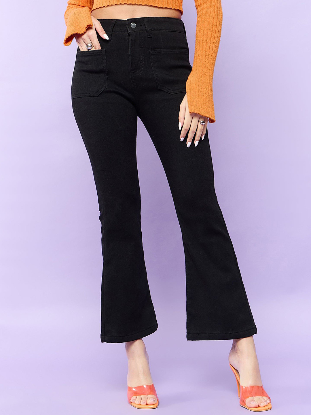 Outzidr Women Patch Pocket Flared Denim Jeans