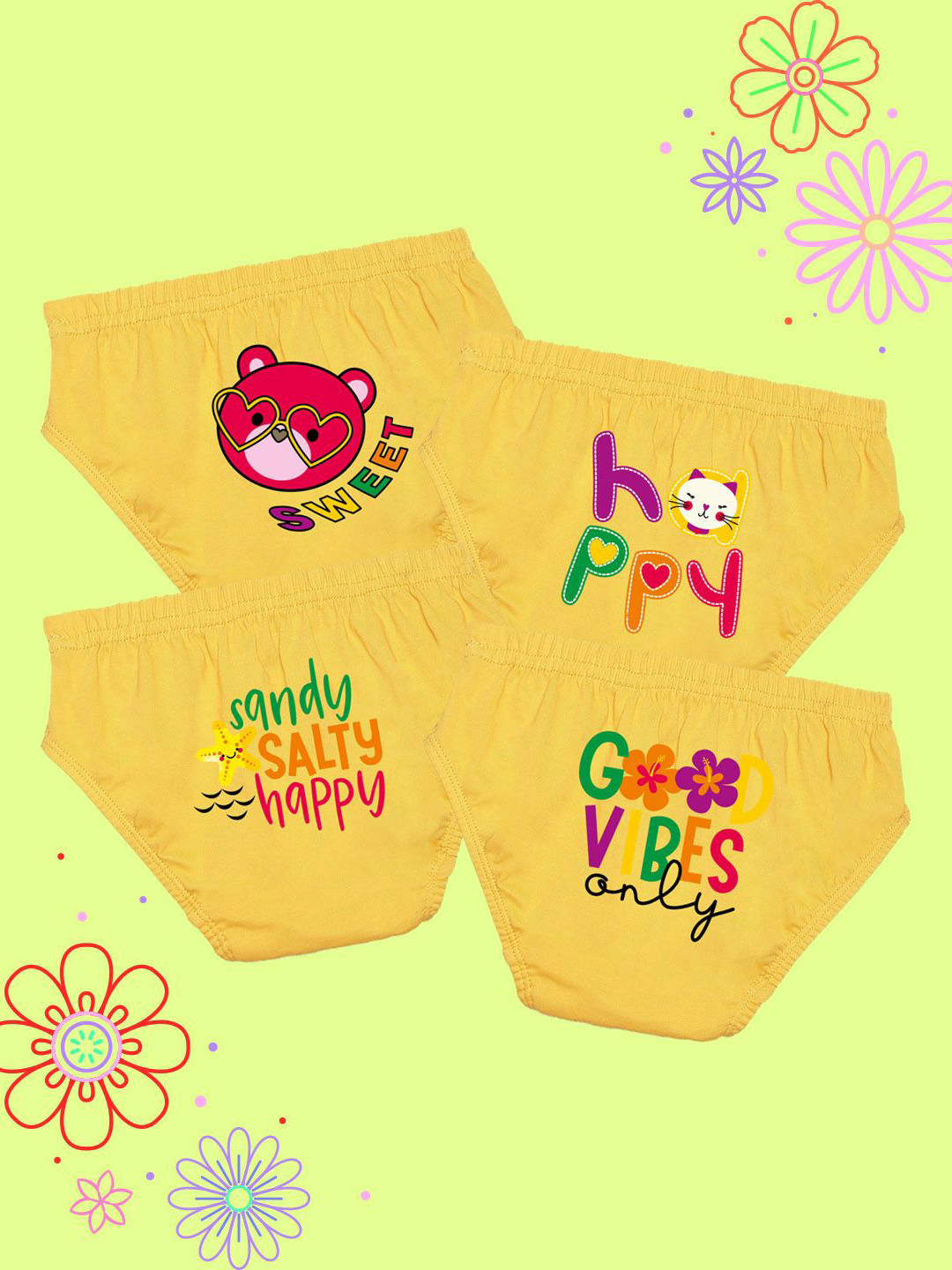 NUSYL Girls Pack Of 4 Teddy & Text Printed Pure Cotton Basic BriefsNUGCBRFPO4.0028