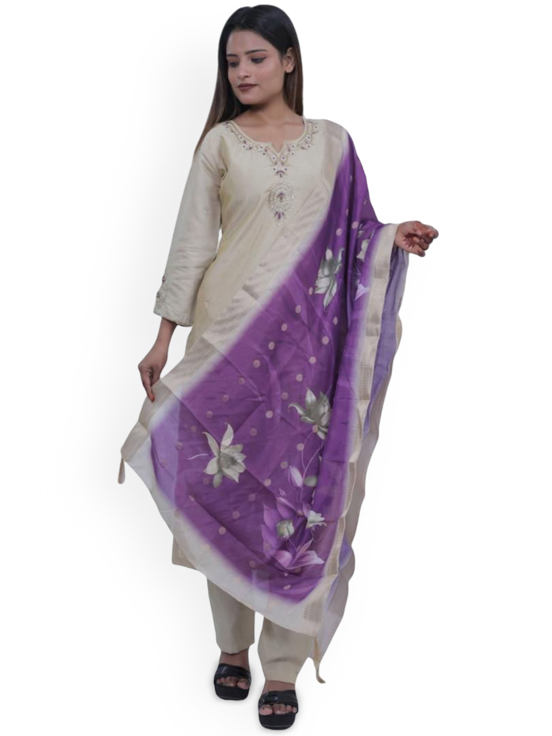 Wavy Collection Floral Embroidered Pure Silk Straight Kurta with Trousers & Dupatta