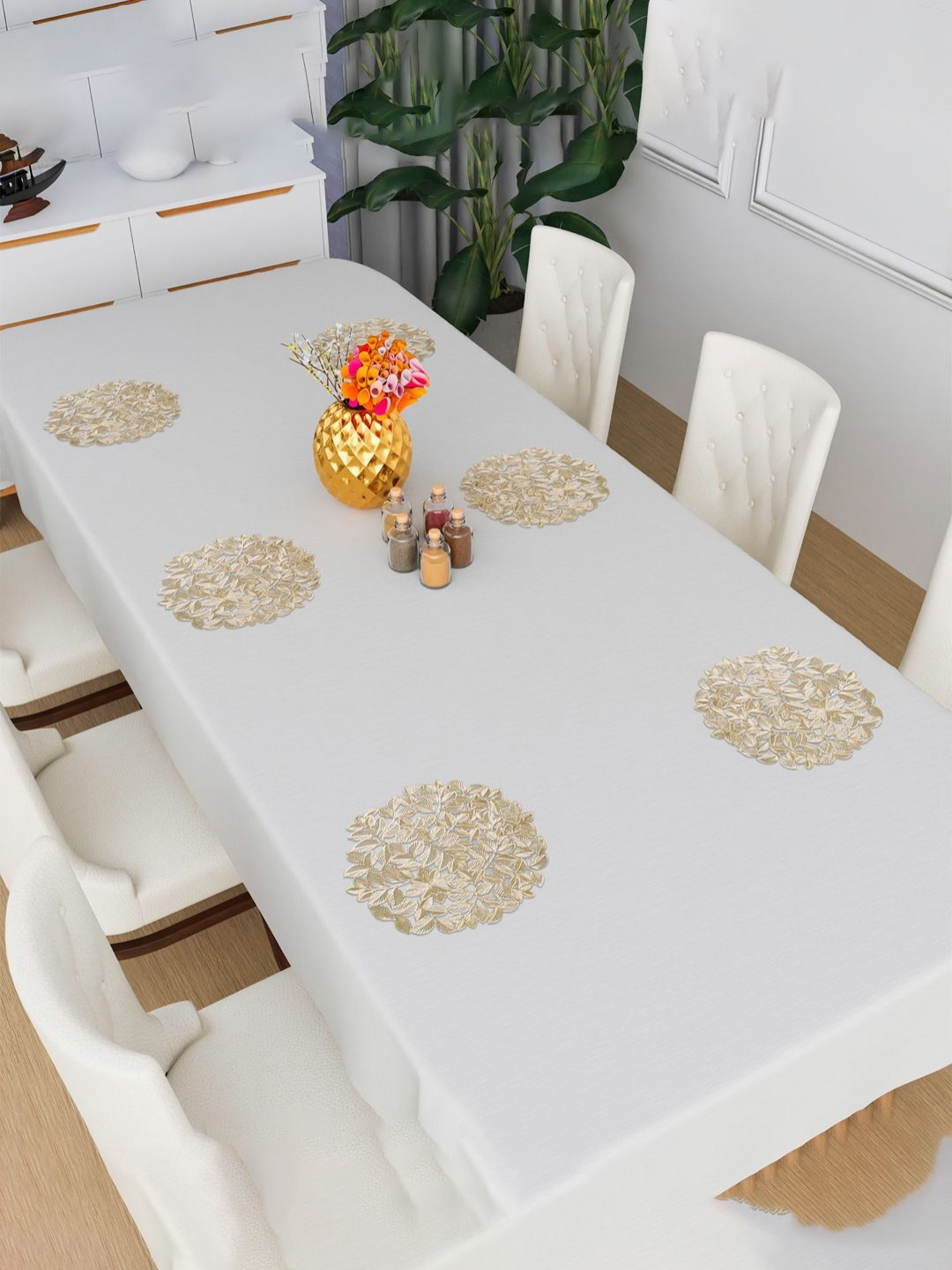Aura Cream Colored and Gold-Toned 4 Pieces Leaf Textured Round Table Placemats