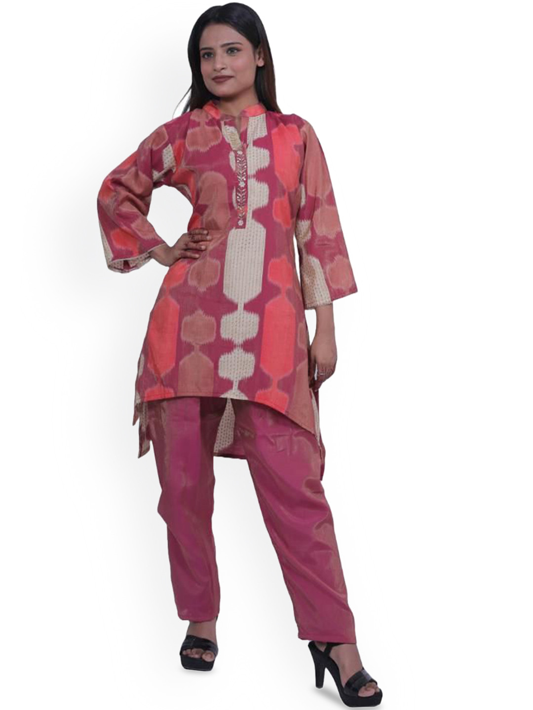 Wavy Collection Abstract Printed Thread Work Pure Silk A-Line Kurta with Trouser