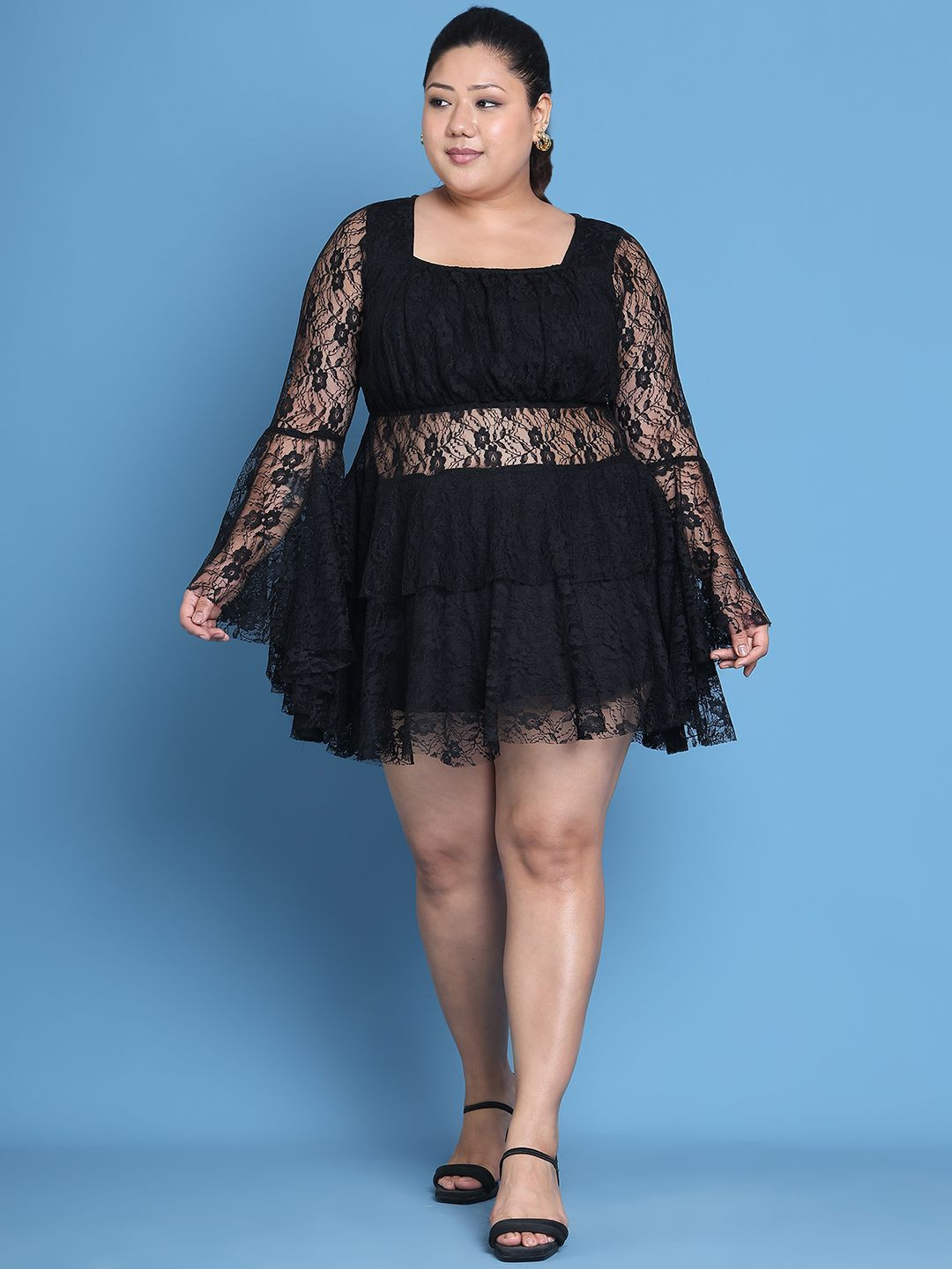 theRebelinme Women Plus Size Flared Sleeve Square Neck Layered Lace A-Line Mini Dress