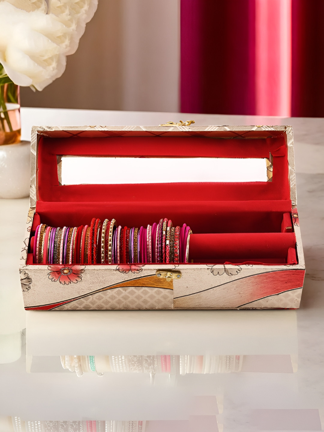 Aura Gold-Toned & Red Printed Wooden Bangle Box