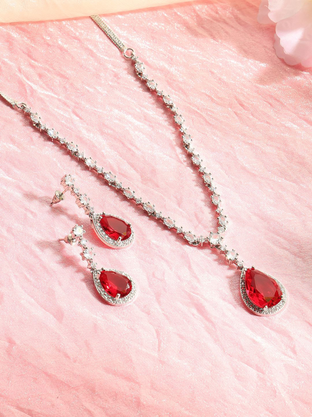 justpeachy Rhodium-Plated Amerian Diamond Studded Jewellery Set