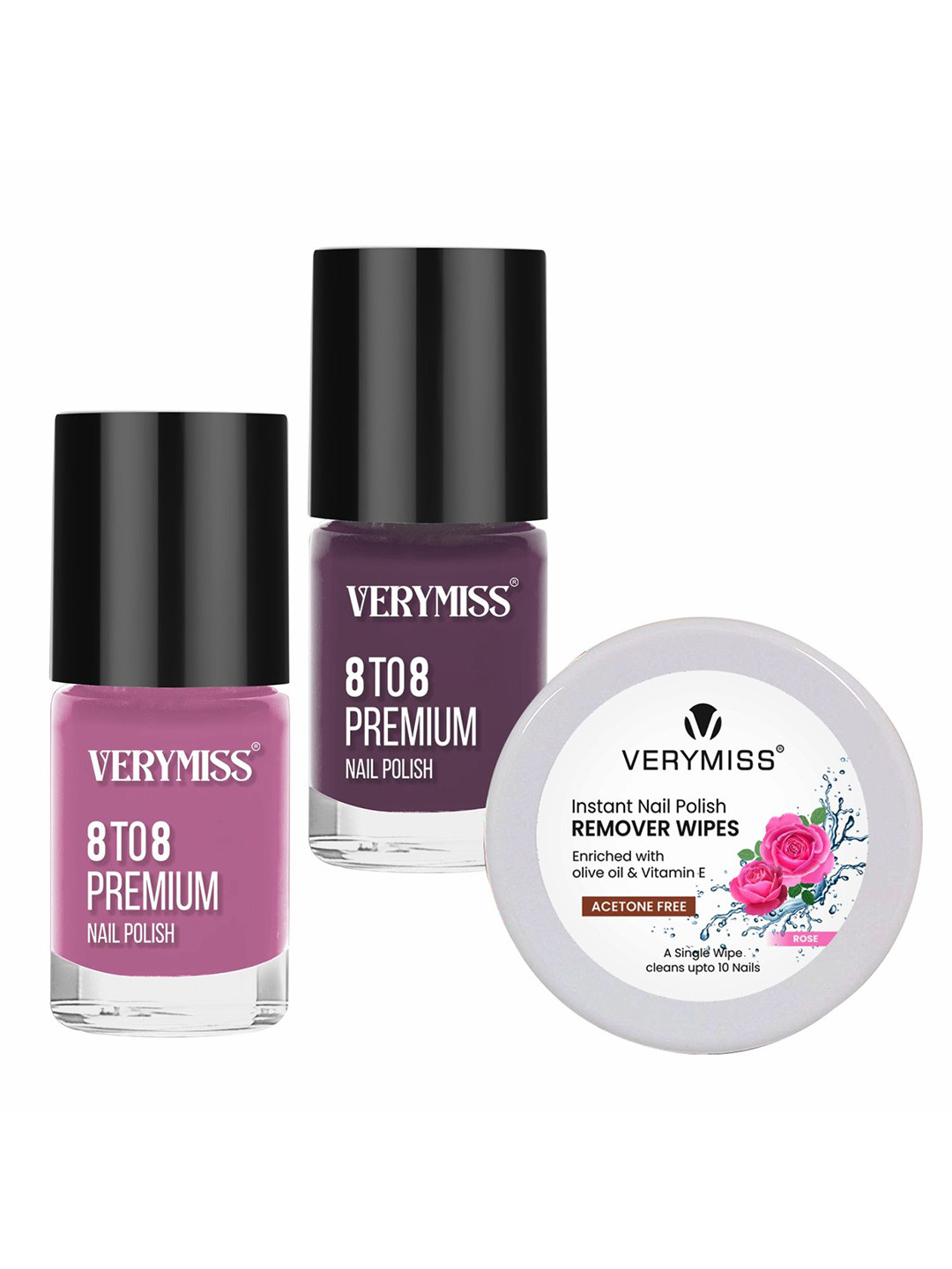 VERYMISS Set Of 3 8 To 8 Long Lasting Nail Polish -6 ml Each-Shade 292-304 & Remover Wipes