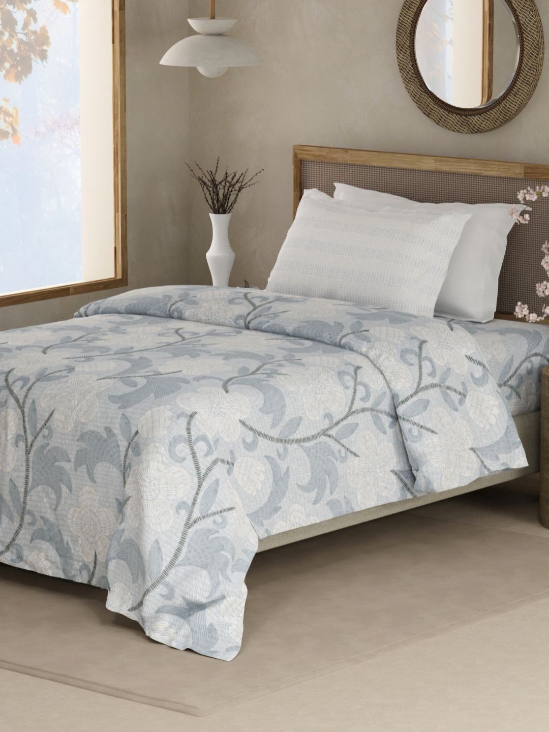 Boutique Living India Valatia Blue Floral Pure Cotton Shrink Resistant 200 TC Single Fine Bedsheet with a Pillow Cover-88 x 60 inches