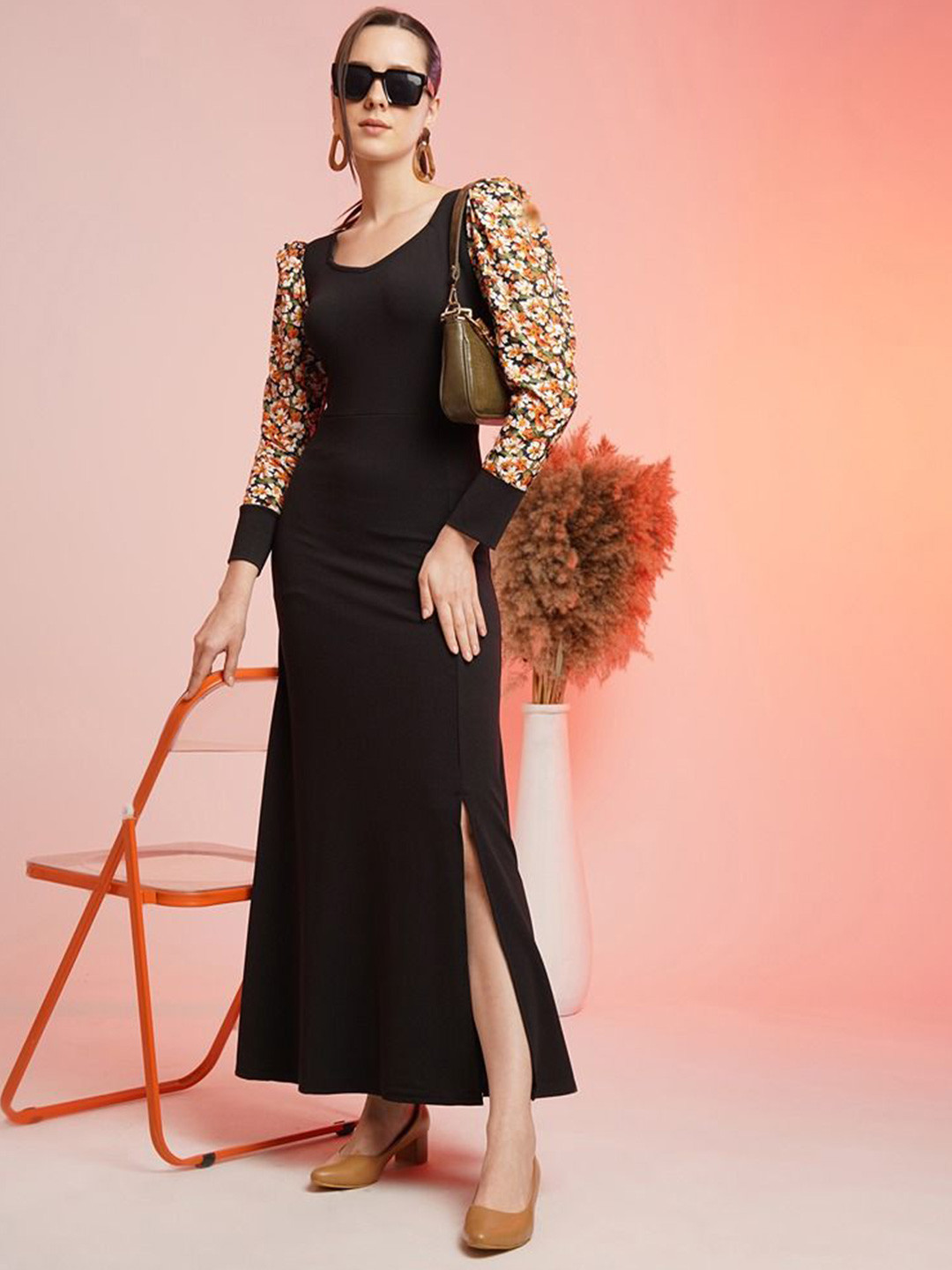 De La Moda Solid Puff Sleeve Slits Detailed Square Neck Fit & Flare Maxi Dress