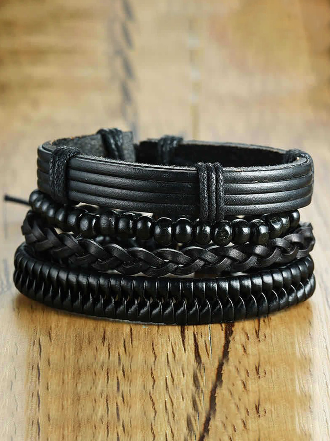 MEENAZ Men Set Of 4 Silver-Plated Artificial Beaded Leather Tribal Multistrand Bracelets