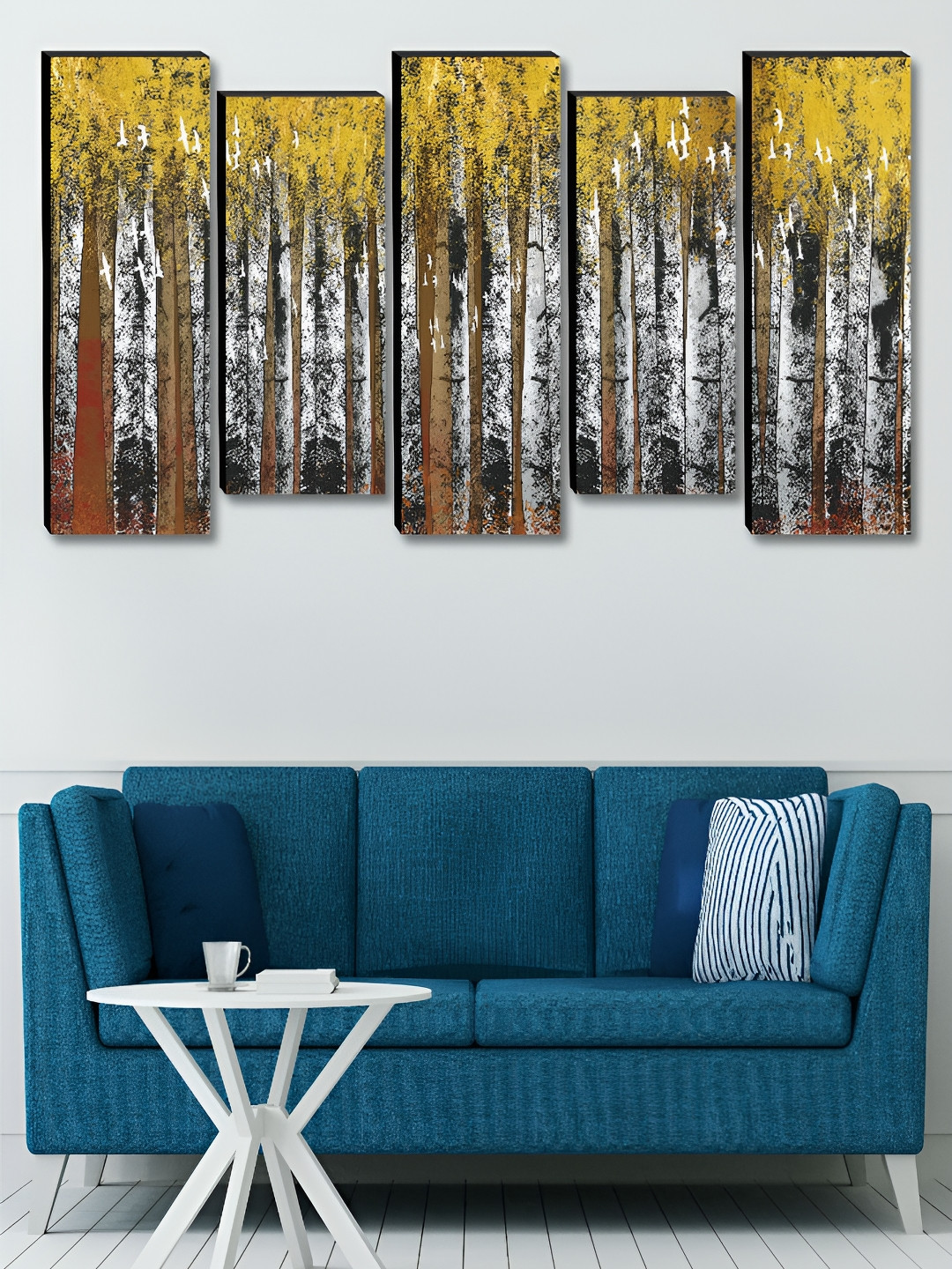 Myntra Elegant Homes Yellow & White 5 Pieces Wooden Trees Painting Wall Arts