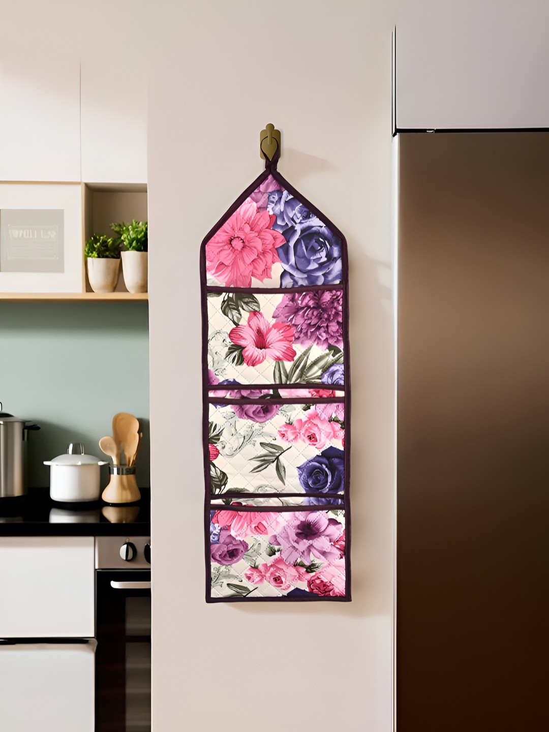 Aura Cream-Coloured & Pink Floral Printed 3 Pocket Velvet Wall Hanging Organizer