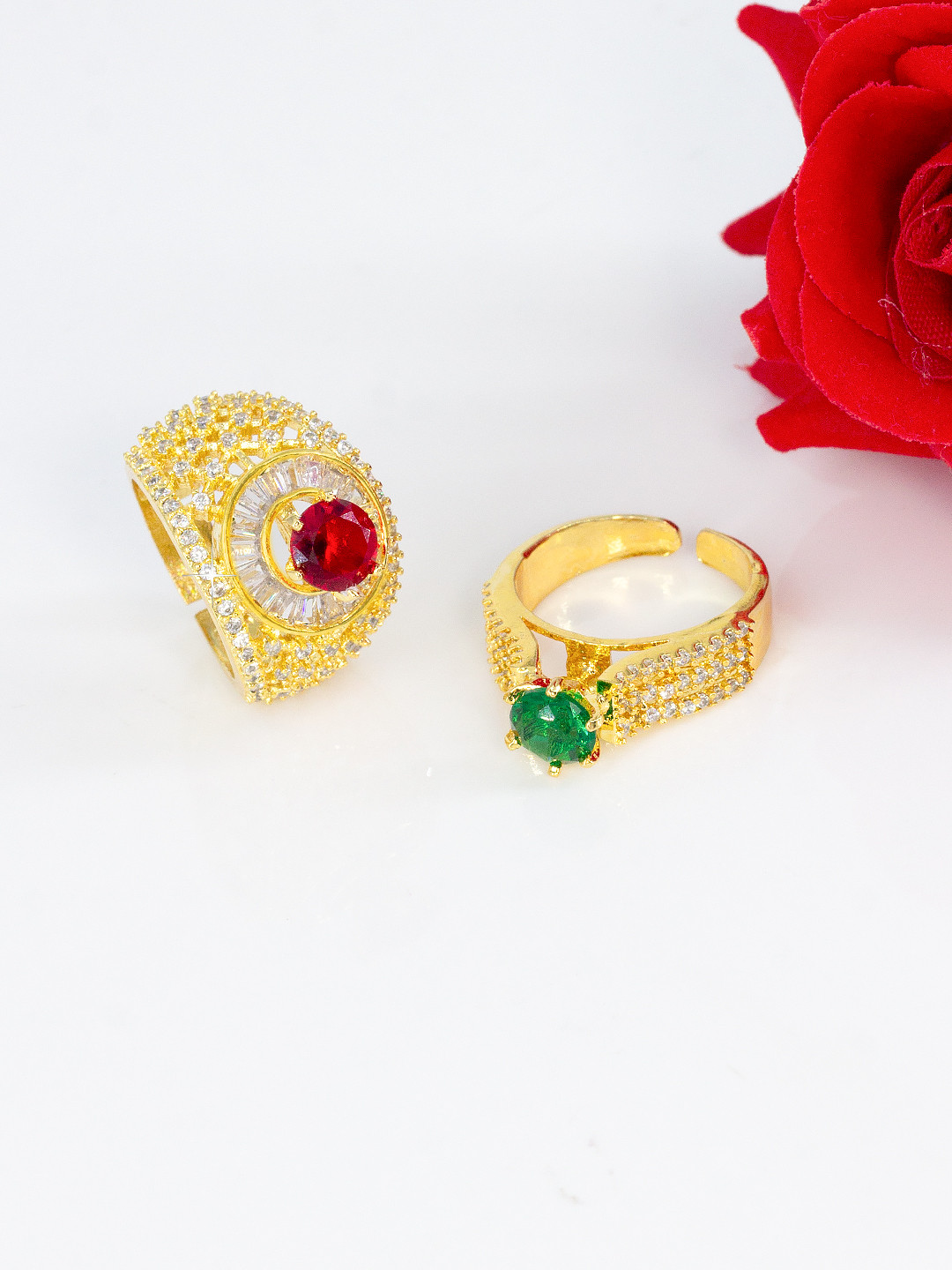 PRIVIU Set Of 2 Gold-Plated American Diamond Stone-Studded Adjustable Finger Ring