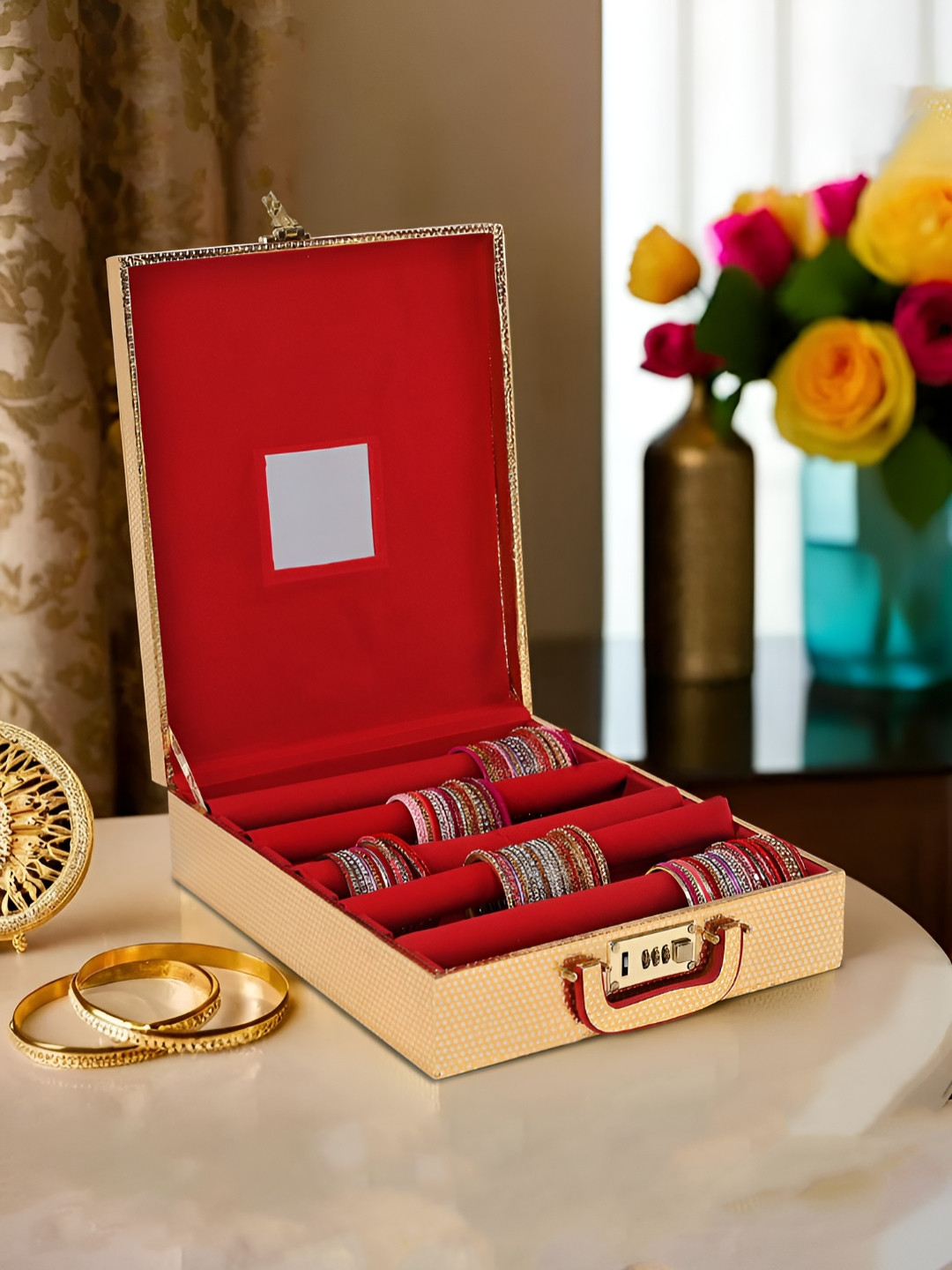 Myntra Elegant Homes Gold-Toned 5 Rod Printed Wooden Mirror Number Lock Velvet Bangle Box