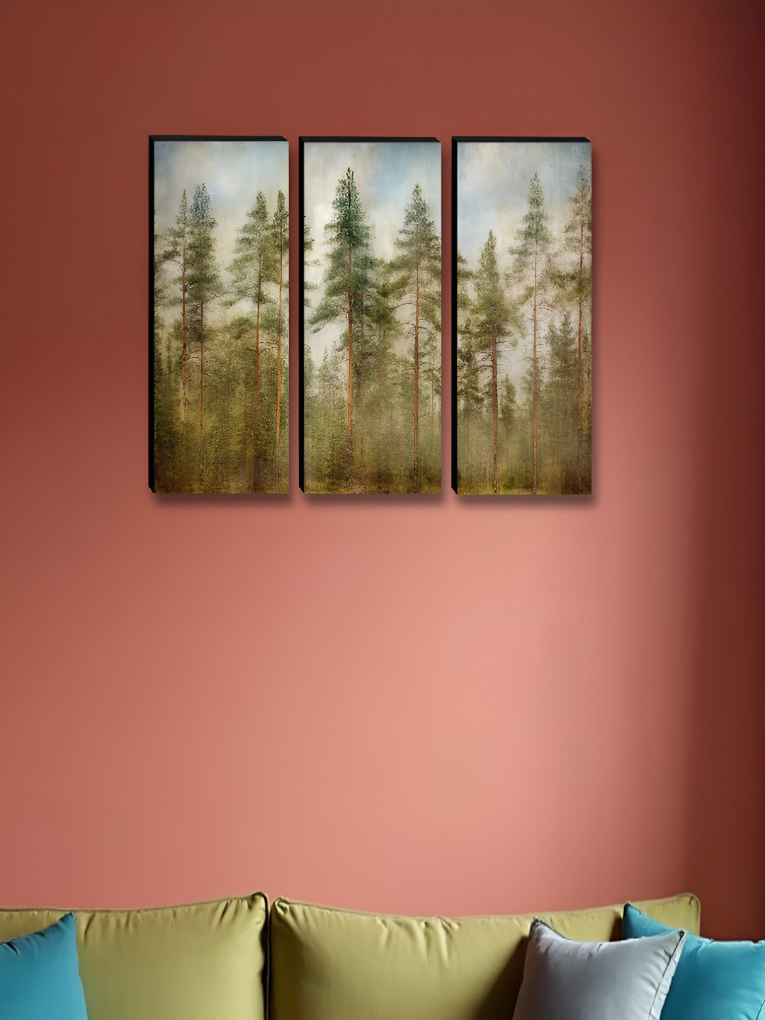 SAF Green & White 3 Pieces Trees Printed Wall Paintings